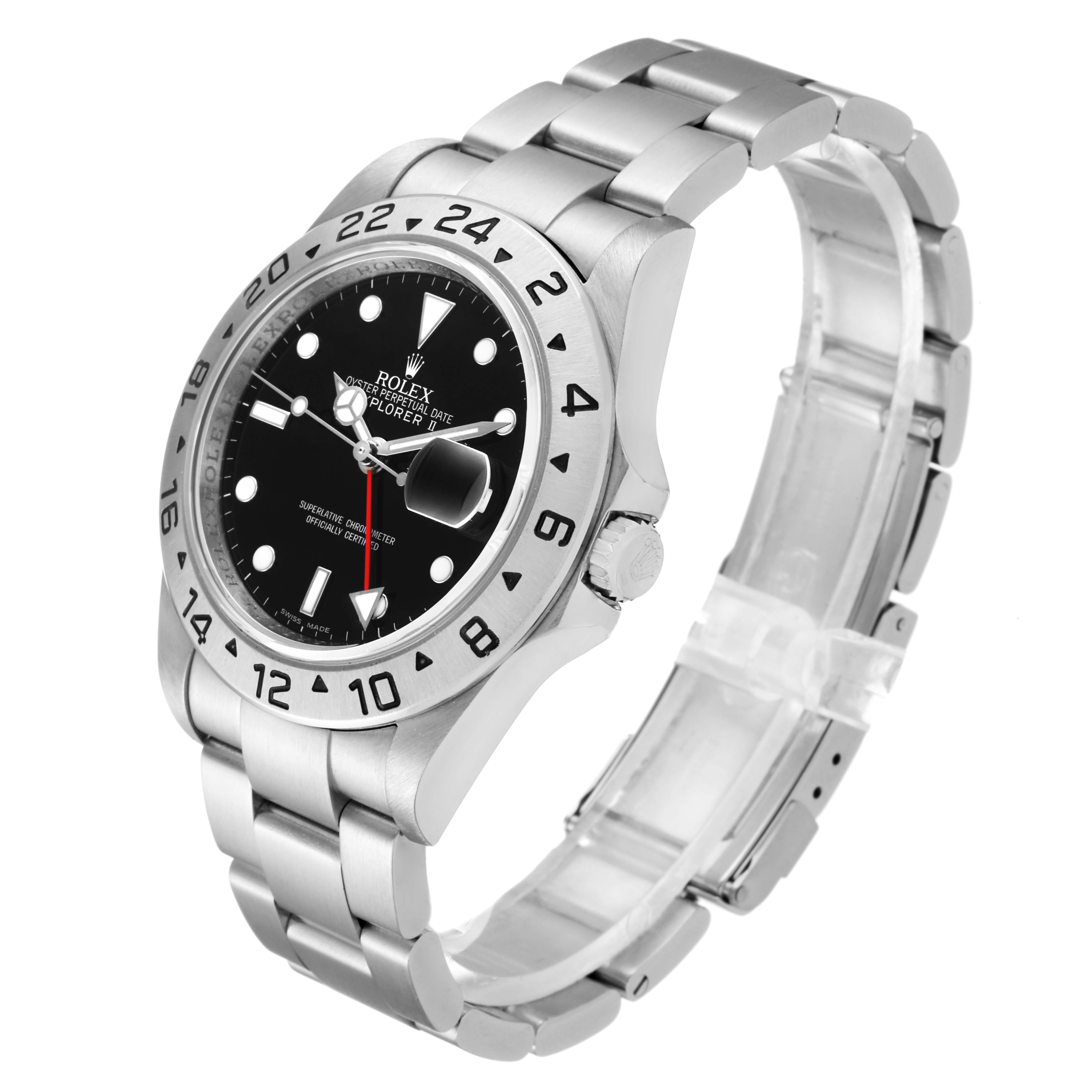 The image shows a Rolex Explorer 16570 Men's Stainless Steel Black Dial 16570 Men's Stainless Steel Black Dial watch from an angled side view, highlighting the dial, bezel, case, crown, and bracelet.