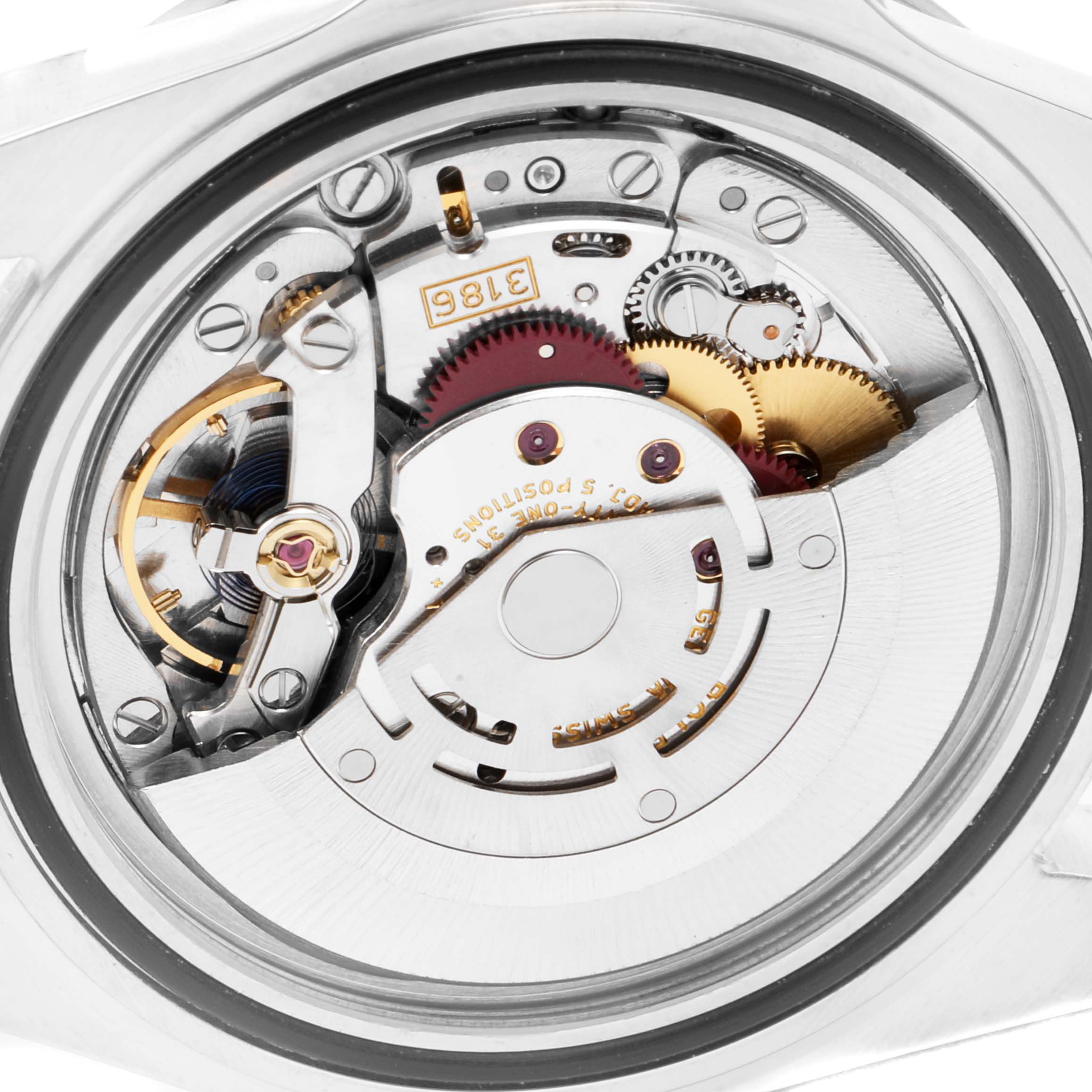 This is a close-up view of the internal mechanism of a Rolex Explorer 16570 Men's Stainless Steel Black Dial 16570 Men's Stainless Steel Black Dial watch, showing its movement components.