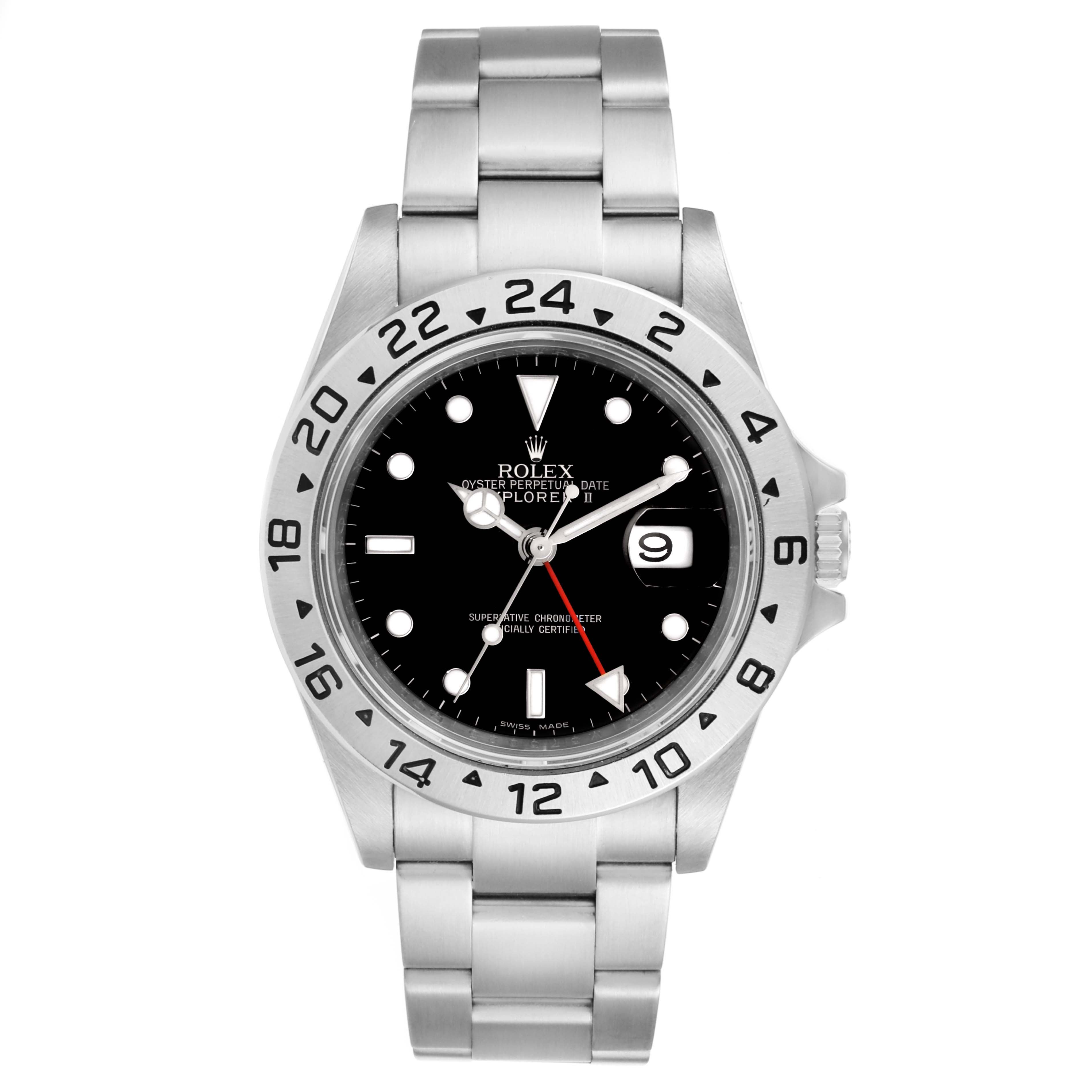 The Rolex Explorer 16570 Men's Stainless Steel Black Dial 16570 Men's Stainless Steel Black Dial watch is shown from the front, featuring its stainless steel bracelet, black dial, and date display.