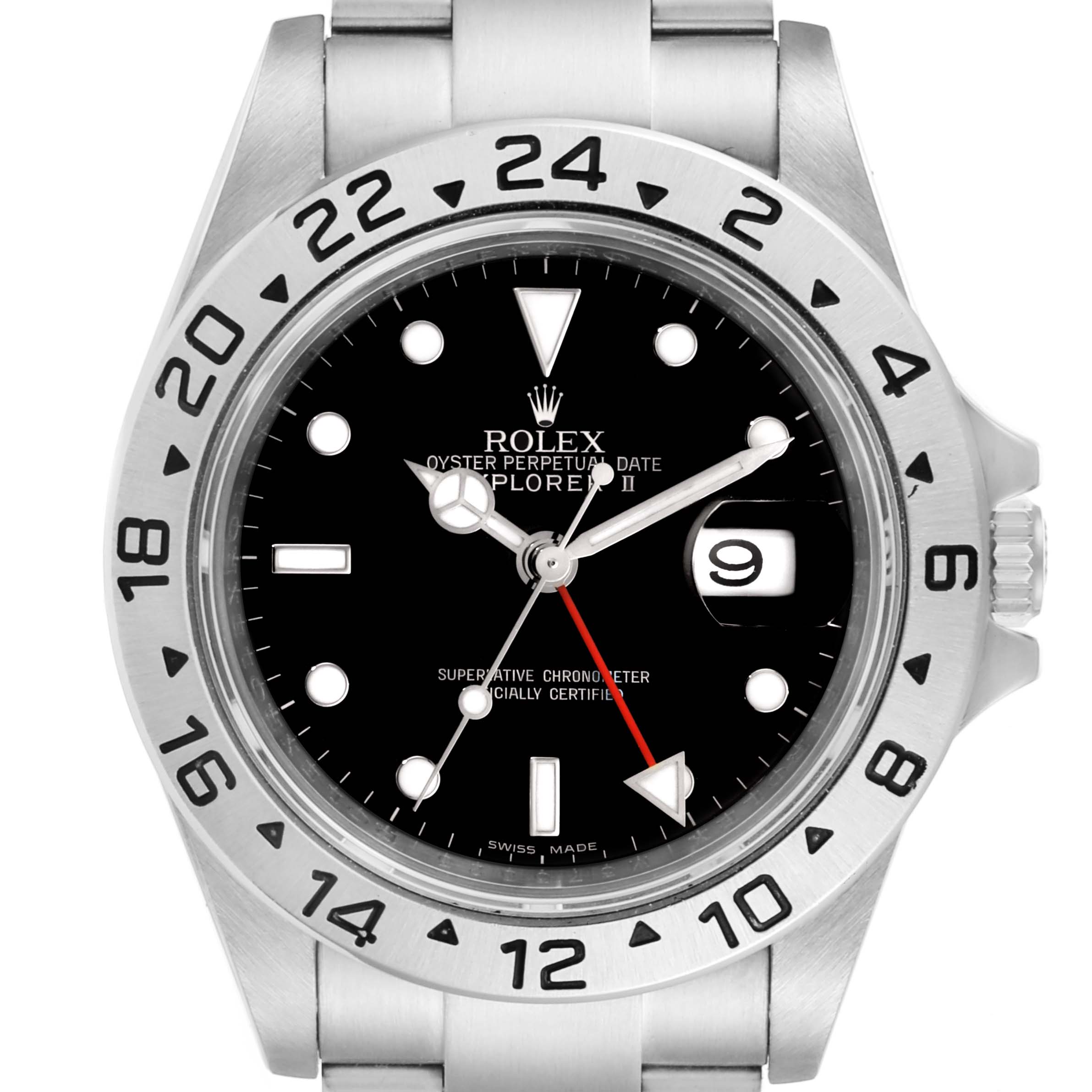 This is a front view of a Rolex Explorer 16570 Men's Stainless Steel Black Dial 16570 Men's Stainless Steel Black Dial watch showing its bezel, dial, hands, and bracelet.