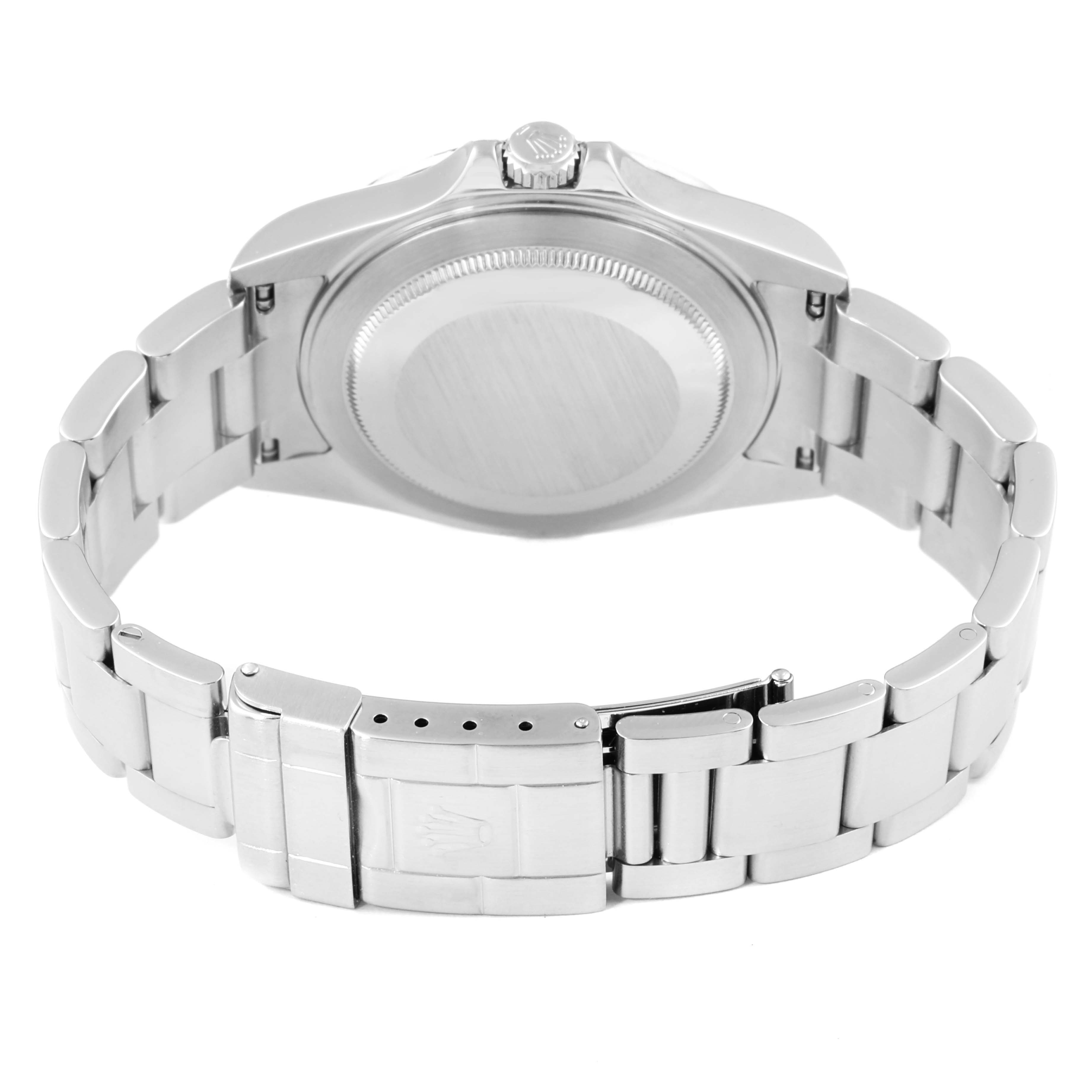 The image shows the back view of a Rolex Explorer 16570 Men's Stainless Steel Black Dial 16570 Men's Stainless Steel Black Dial model watch, highlighting the case back and stainless steel bracelet with clasp.