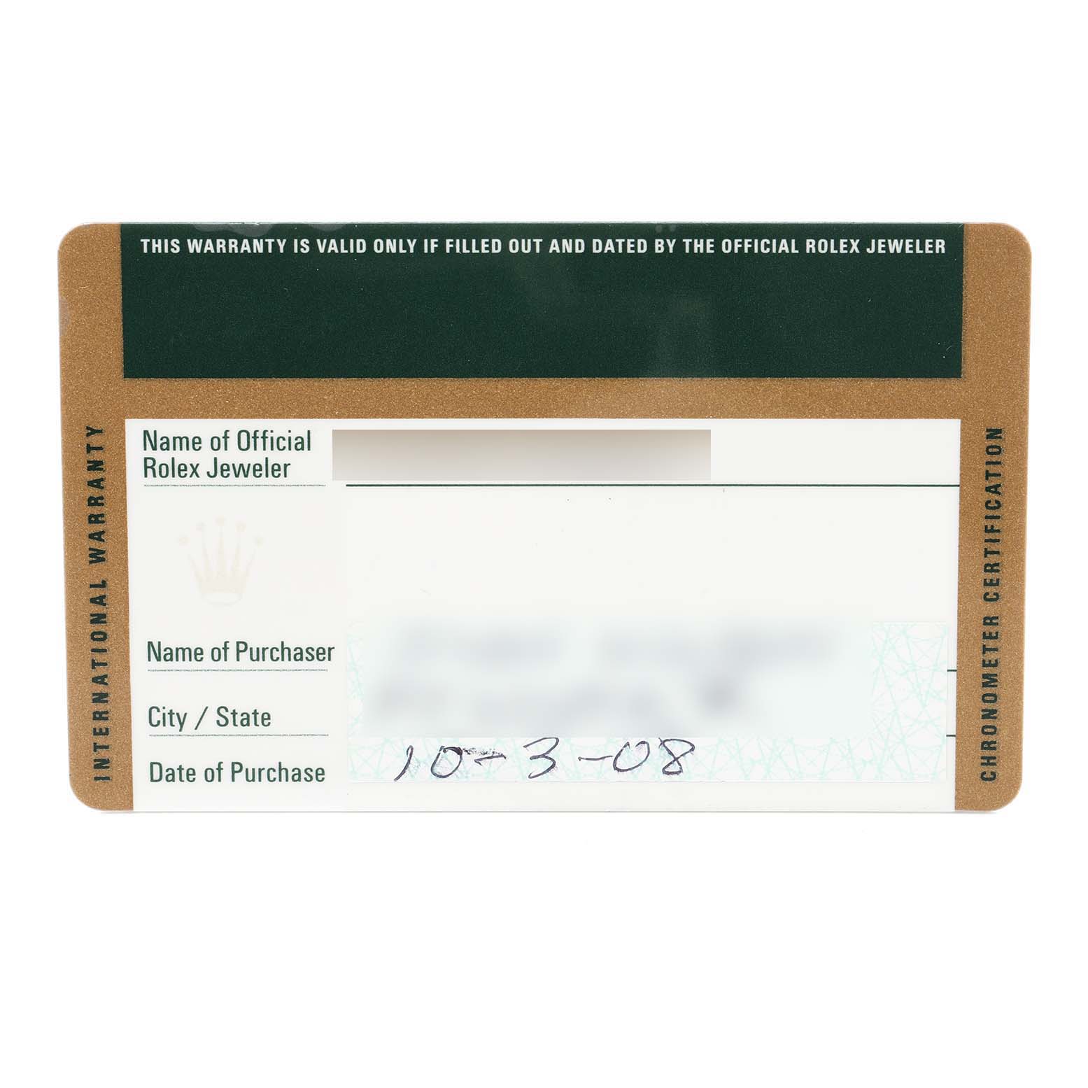 The image shows the front of a Rolex international warranty card for the Rolex Explorer 16570 Men's Stainless Steel Black Dial 16570 Men's Stainless Steel Black Dial model.