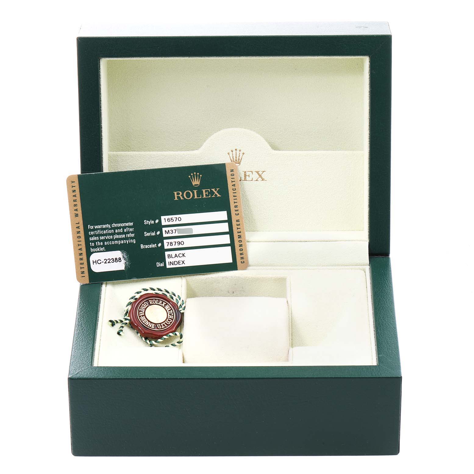 The image shows a Rolex Explorer 16570 Men's Stainless Steel Black Dial 16570 Men's Stainless Steel Black Dial model watch box, warranty card, and certification tag from a top view.