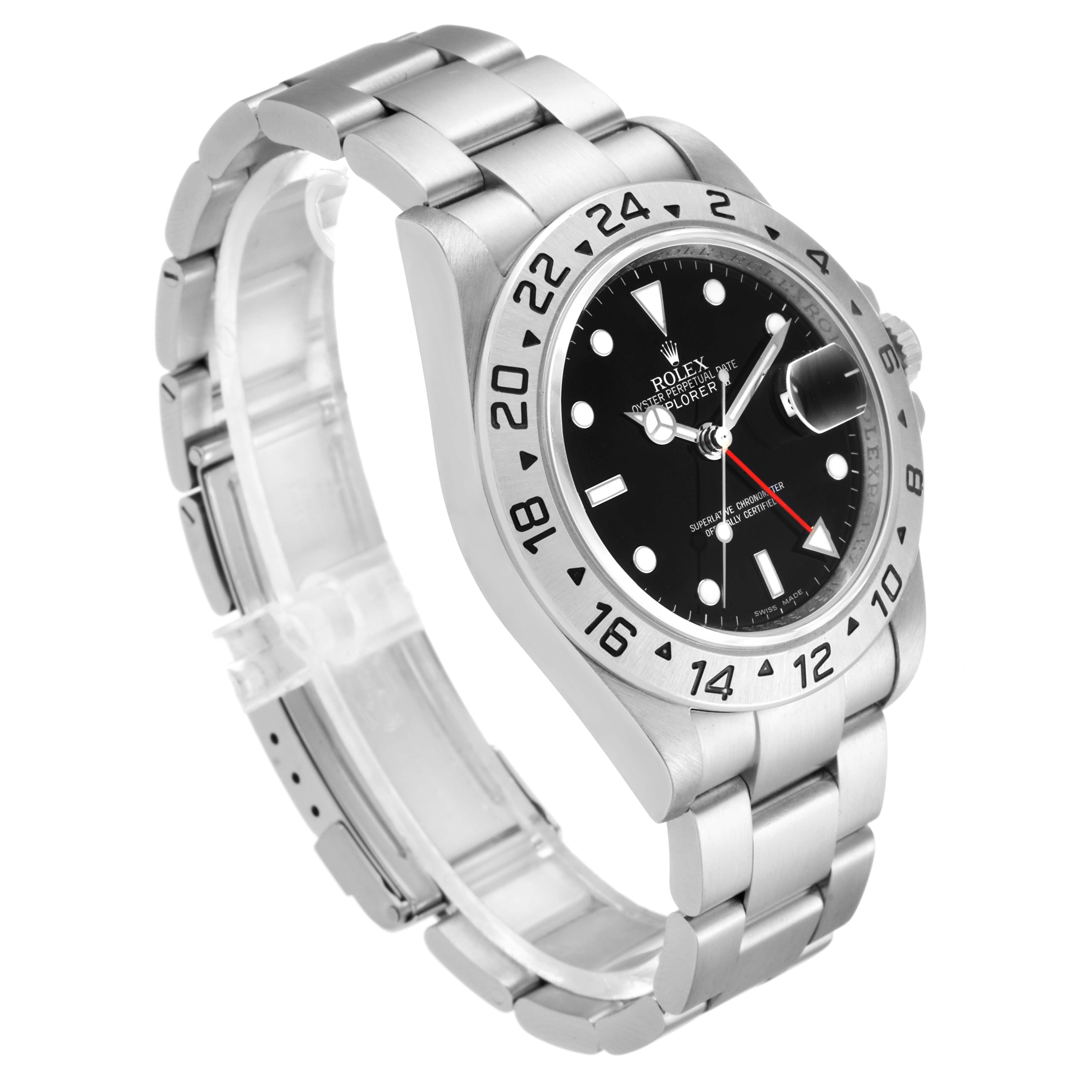 This is a side-angle view of a Rolex Explorer 16570 Men's Stainless Steel Black Dial 16570 Men's Stainless Steel Black Dial watch, showing the bracelet, bezel, and dial.