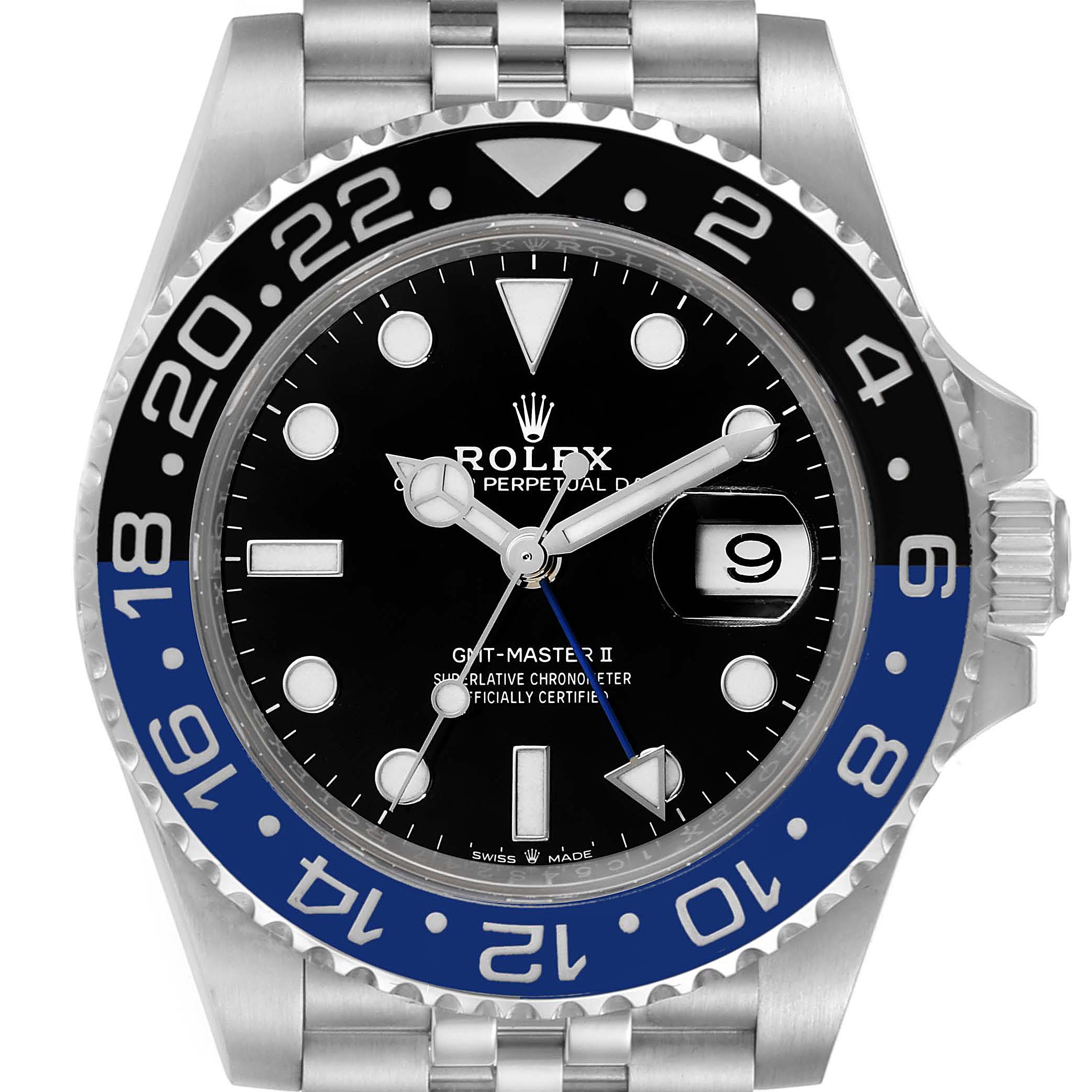 The image shows a frontal view of a Rolex GMT-Master 126710 Men
s Stainless Steel Black Dial 126710 Men
s Stainless Steel Black Dial II watch, highlighting its bezel, dial, and bracelet.