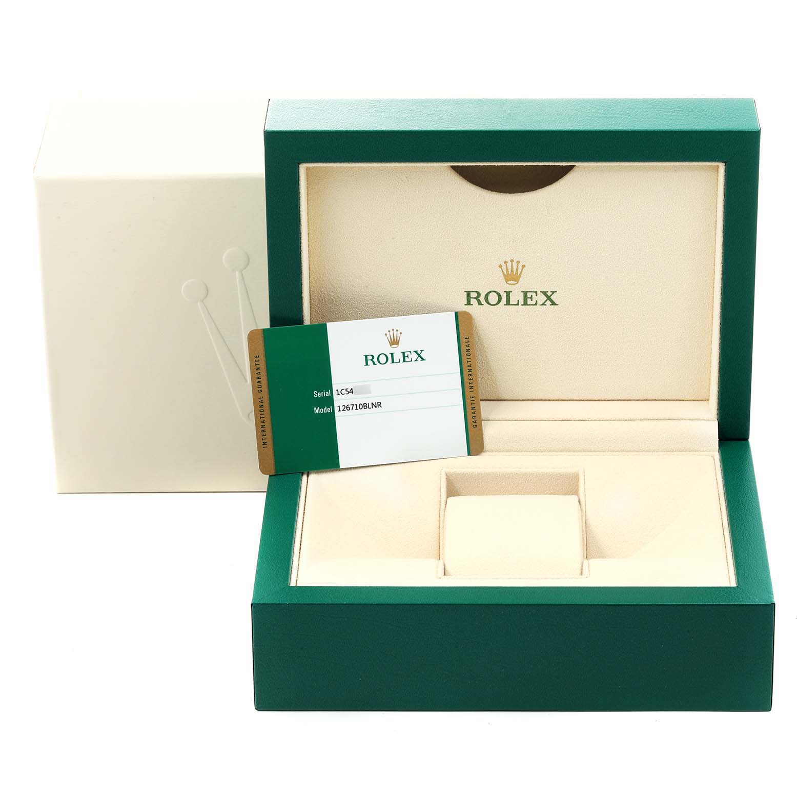 This image shows an open green Rolex box and an Best Quality
ation card for the GMT-Master model.
