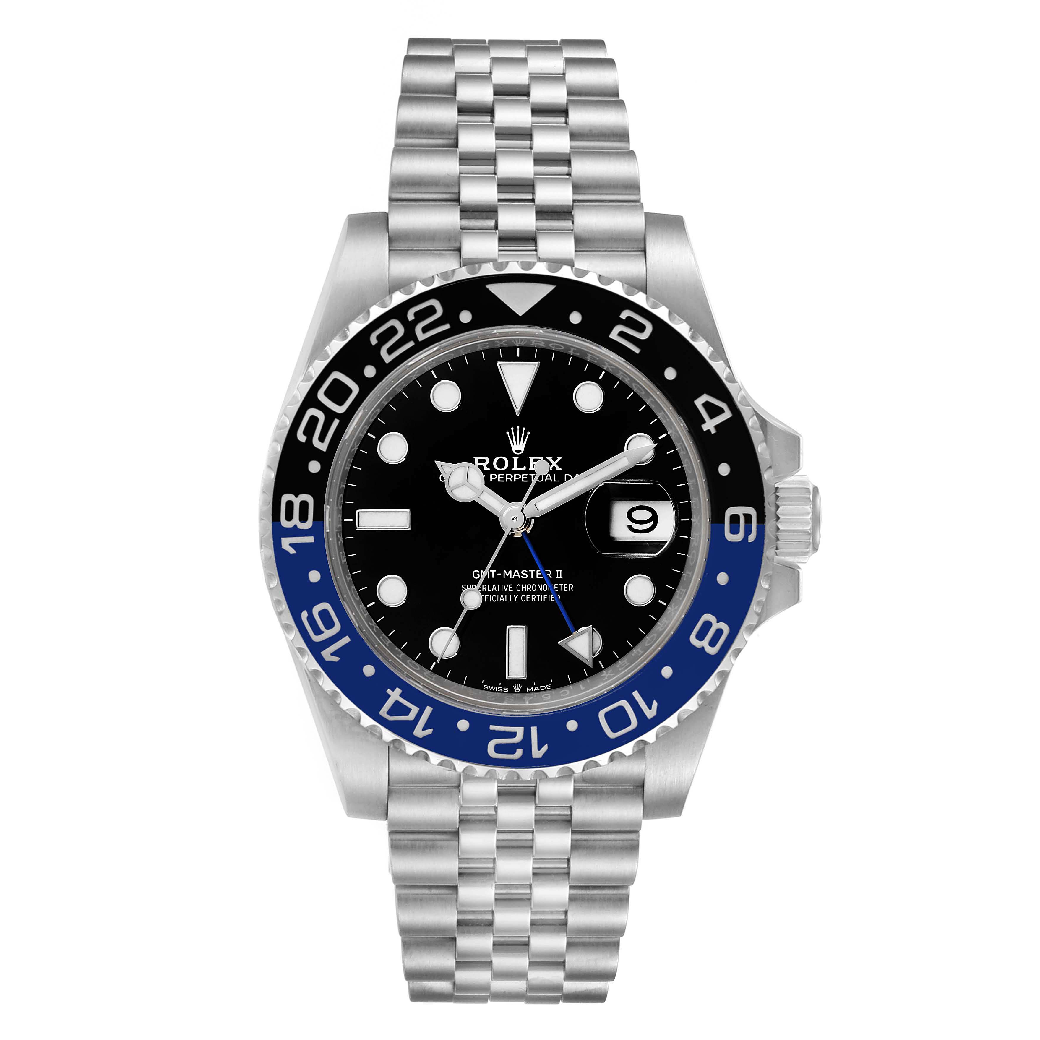 The image shows a front view of a Rolex GMT-Master 126710 Men
s Stainless Steel Black Dial 126710 Men
s Stainless Steel Black Dial II watch, featuring the bezel, dial, hands, and bracelet.