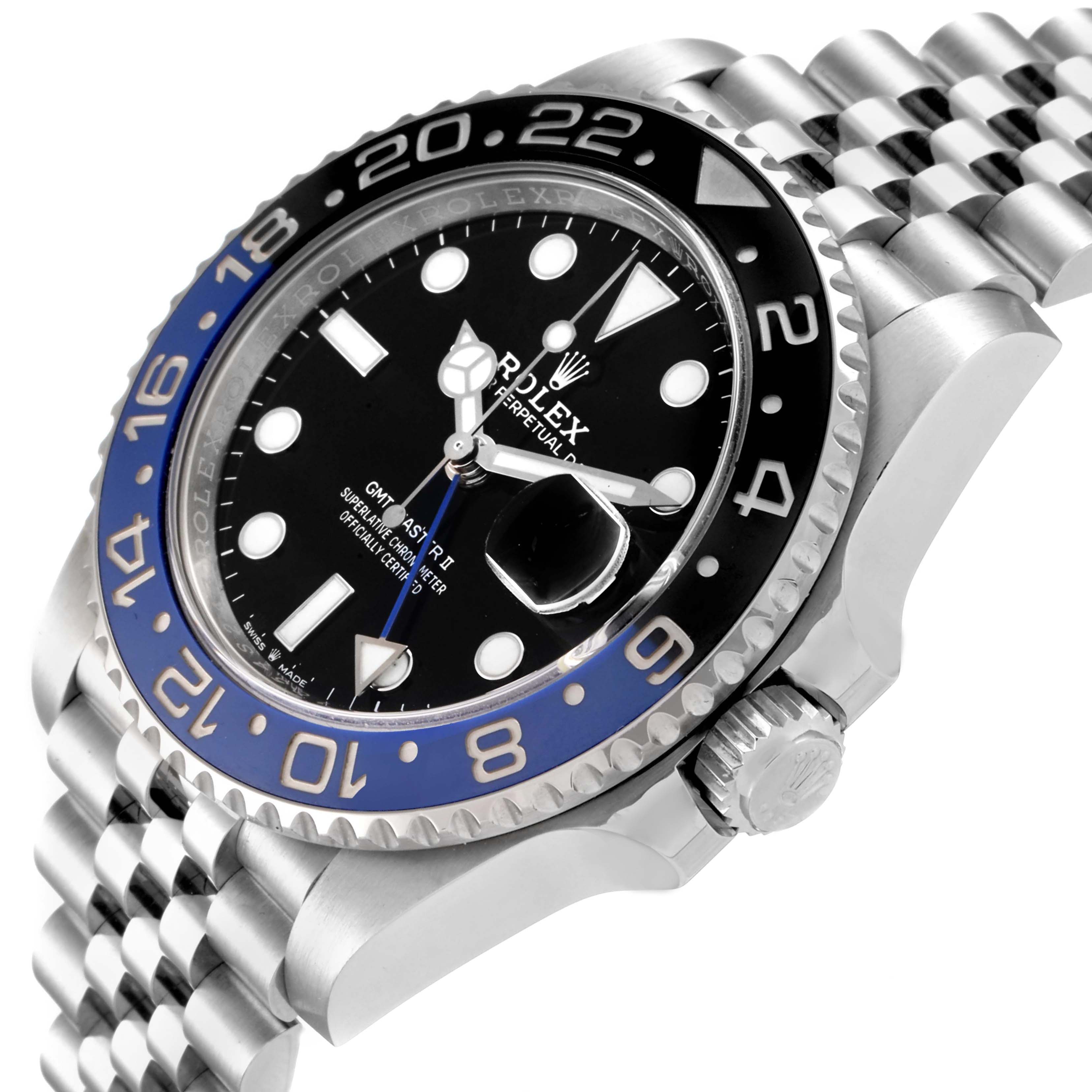 The image displays a Rolex GMT-Master 126710 Men
s Stainless Steel Black Dial 126710 Men
s Stainless Steel Black Dial watch at an angled close-up, highlighting the bezel, dial, crown, and bracelet.