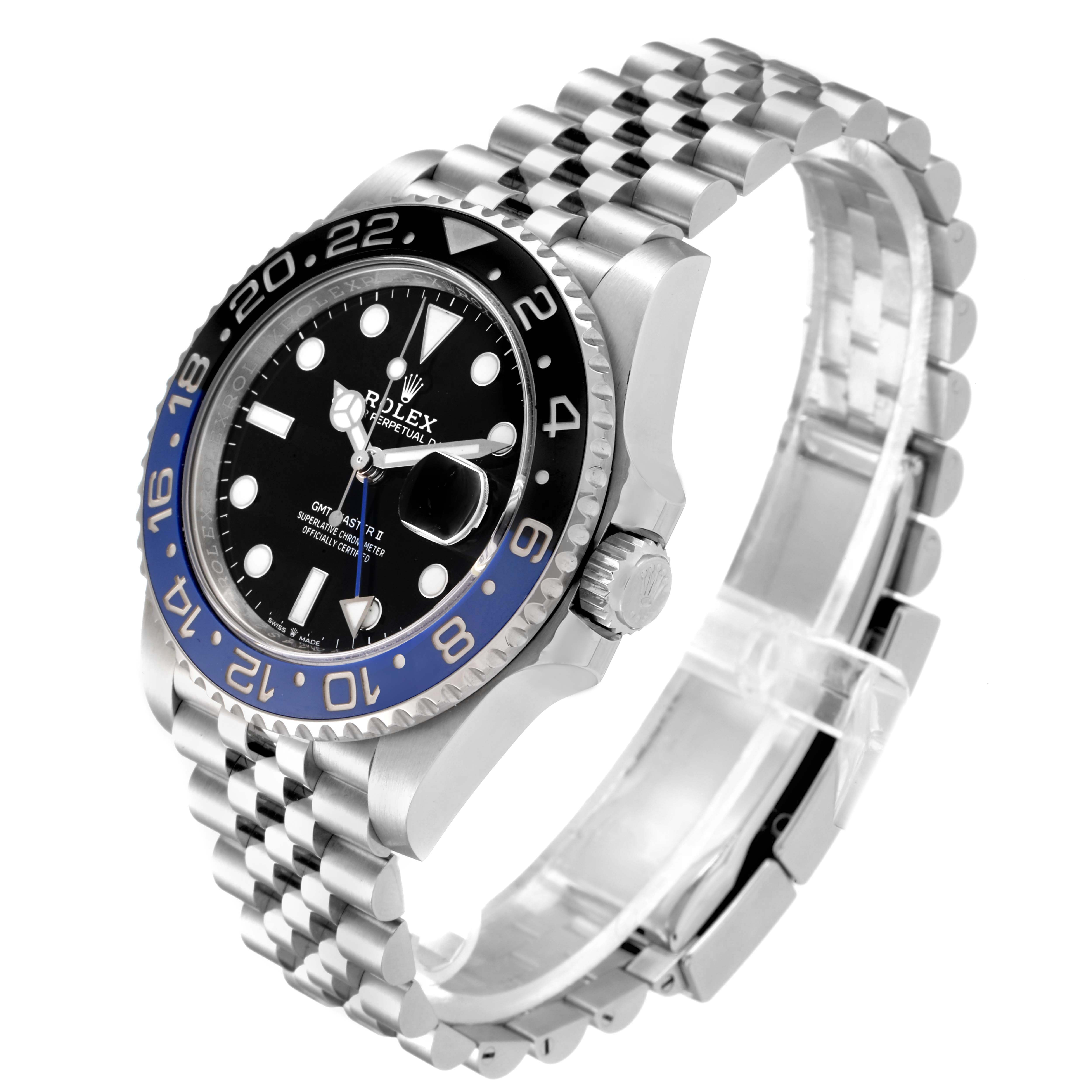 This Rolex GMT-Master 126710 Men
s Stainless Steel Black Dial 126710 Men
s Stainless Steel Black Dial watch is shown at a three-quarter angle, highlighting its dial, bezel, crown, and bracelet.