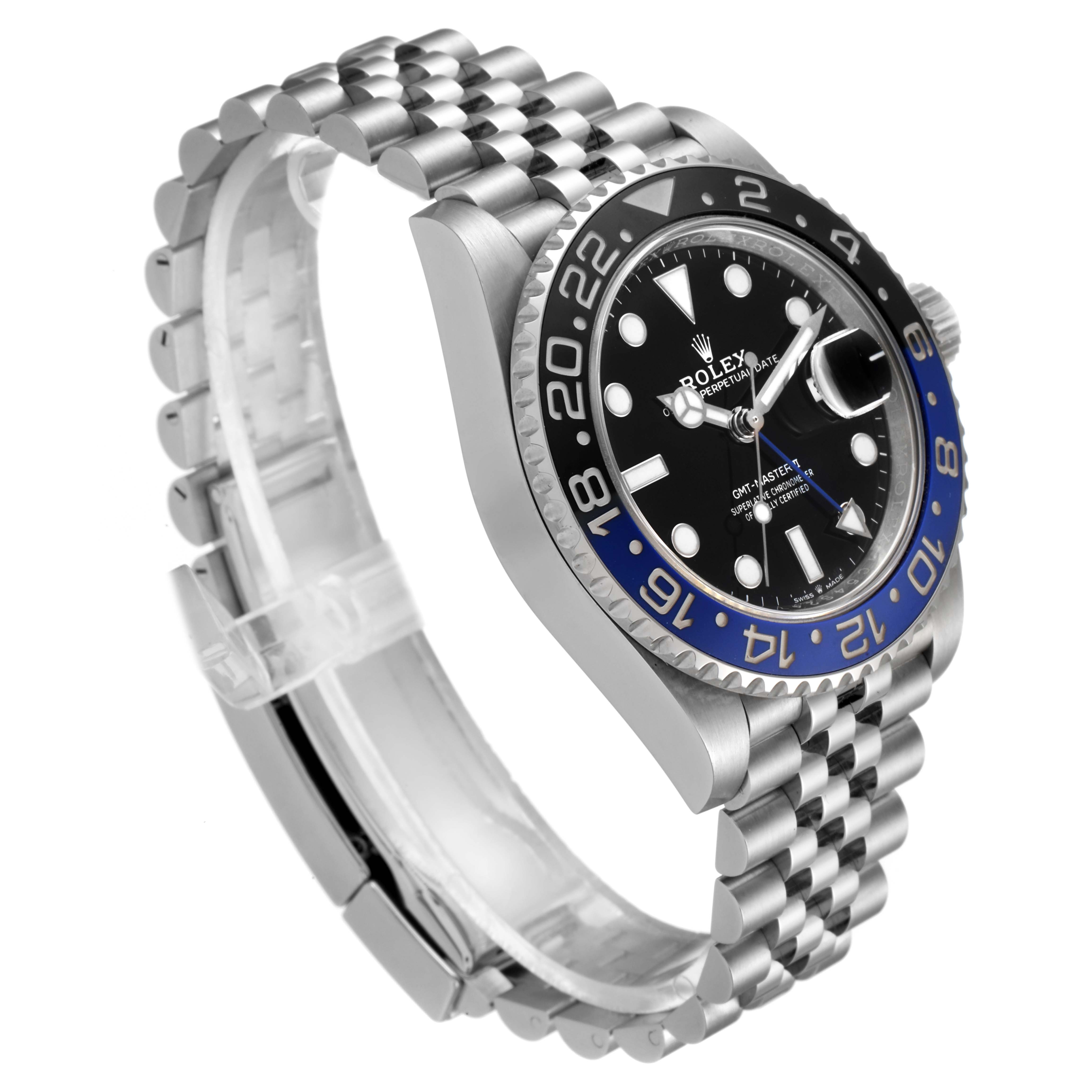 This image shows a side angle of a Rolex GMT-Master 126710 Men
s Stainless Steel Black Dial 126710 Men
s Stainless Steel Black Dial watch featuring the bezel, dial, and bracelet.