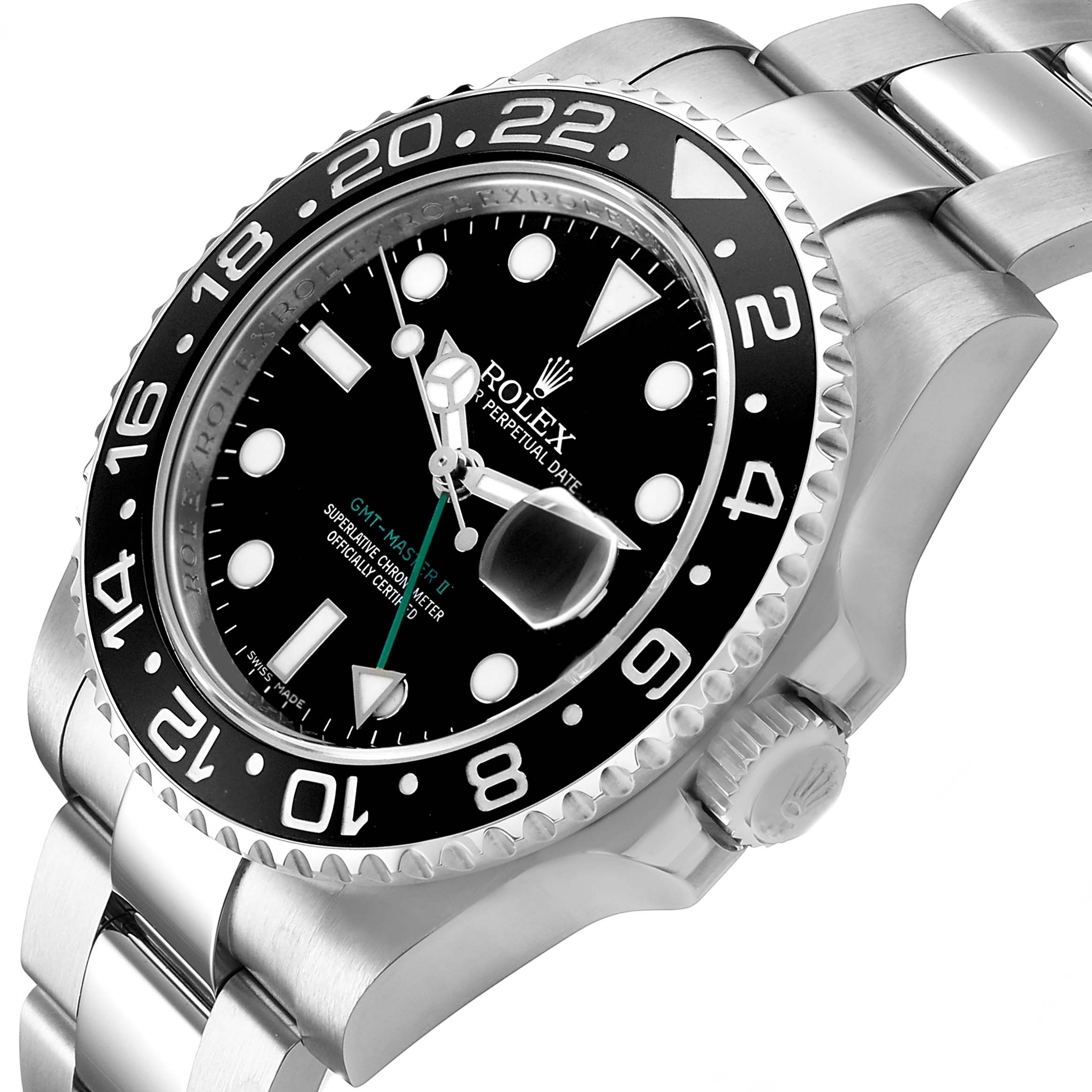 The Rolex GMT-Master 116710LN Men's Stainless Steel Black Dial watch is shown at an angled view, highlighting the dial, bezel, and part of the bracelet.