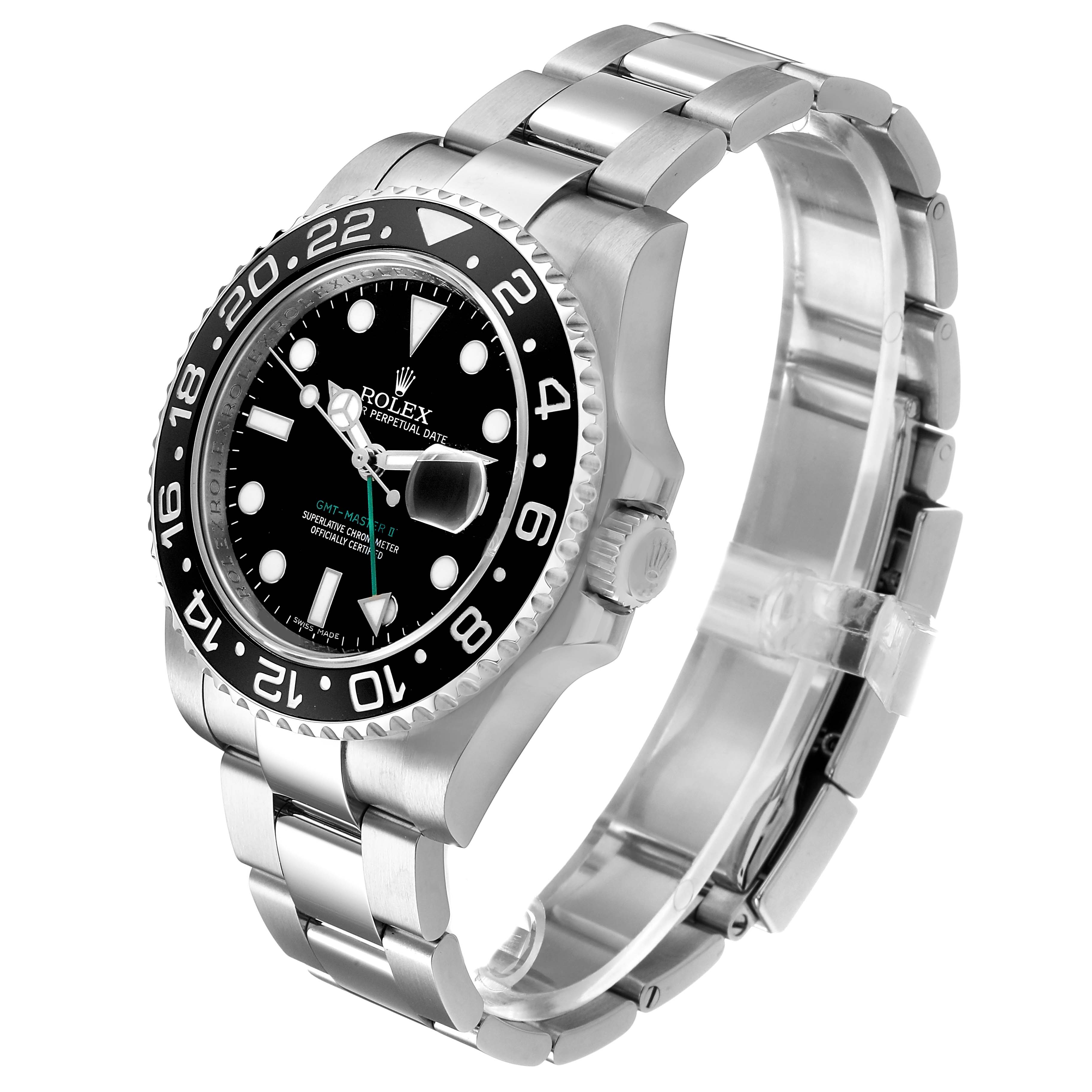 The Rolex GMT-Master 116710LN Men's Stainless Steel Black Dial watch is shown at a three-quarter angle, highlighting the face, bezel, case, and bracelet.