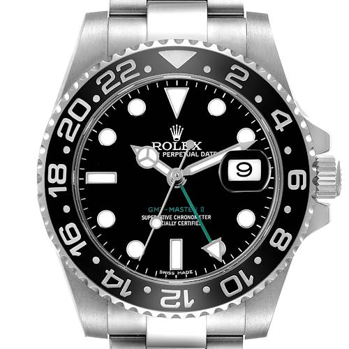 The image shows a front view of the Rolex GMT-Master 116710LN Men's Stainless Steel Black Dial II watch, highlighting the bezel, dial, and bracelet.