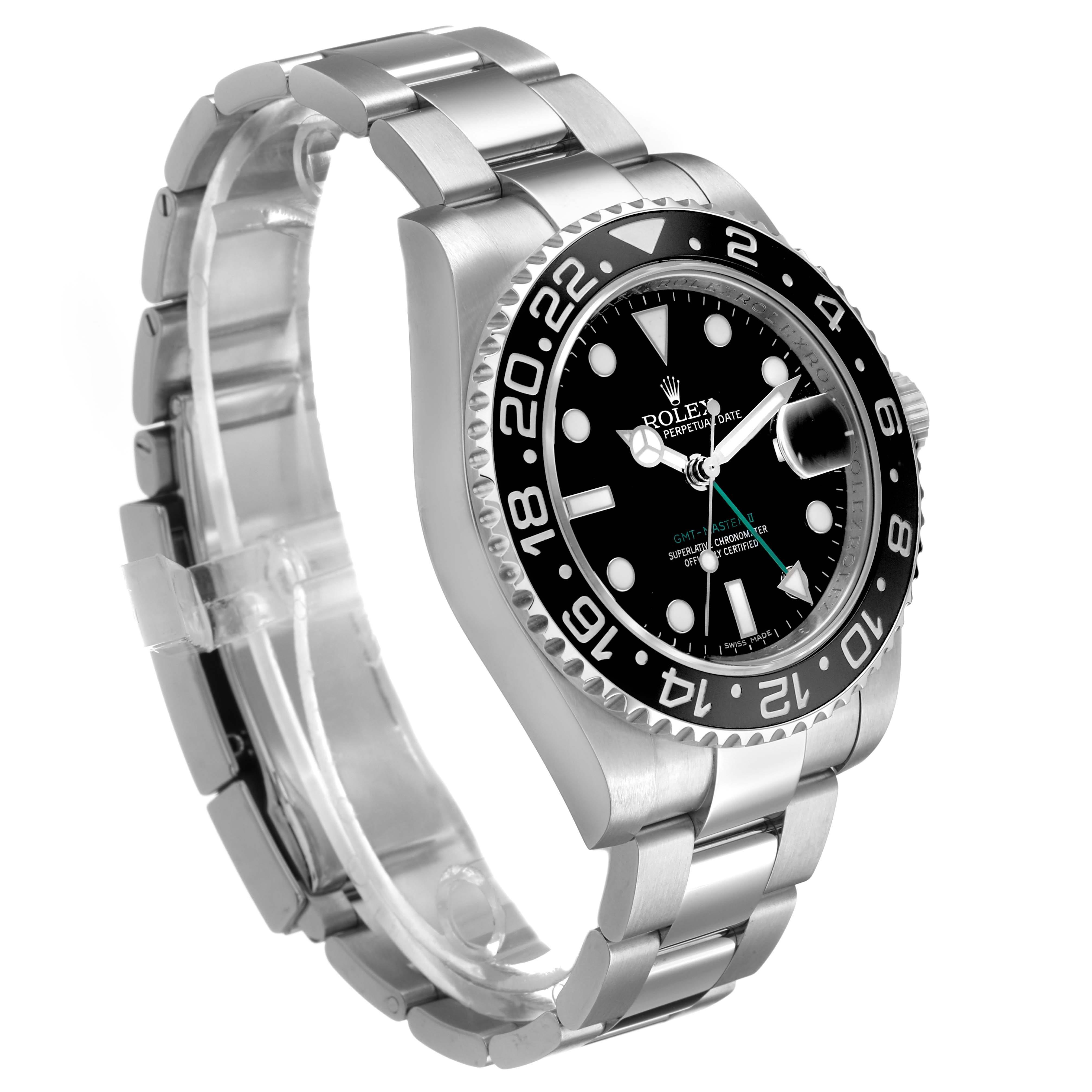 The Rolex GMT-Master 116710LN Men's Stainless Steel Black Dial is shown at a three-quarter angle, displaying the bezel, dial, and bracelet.