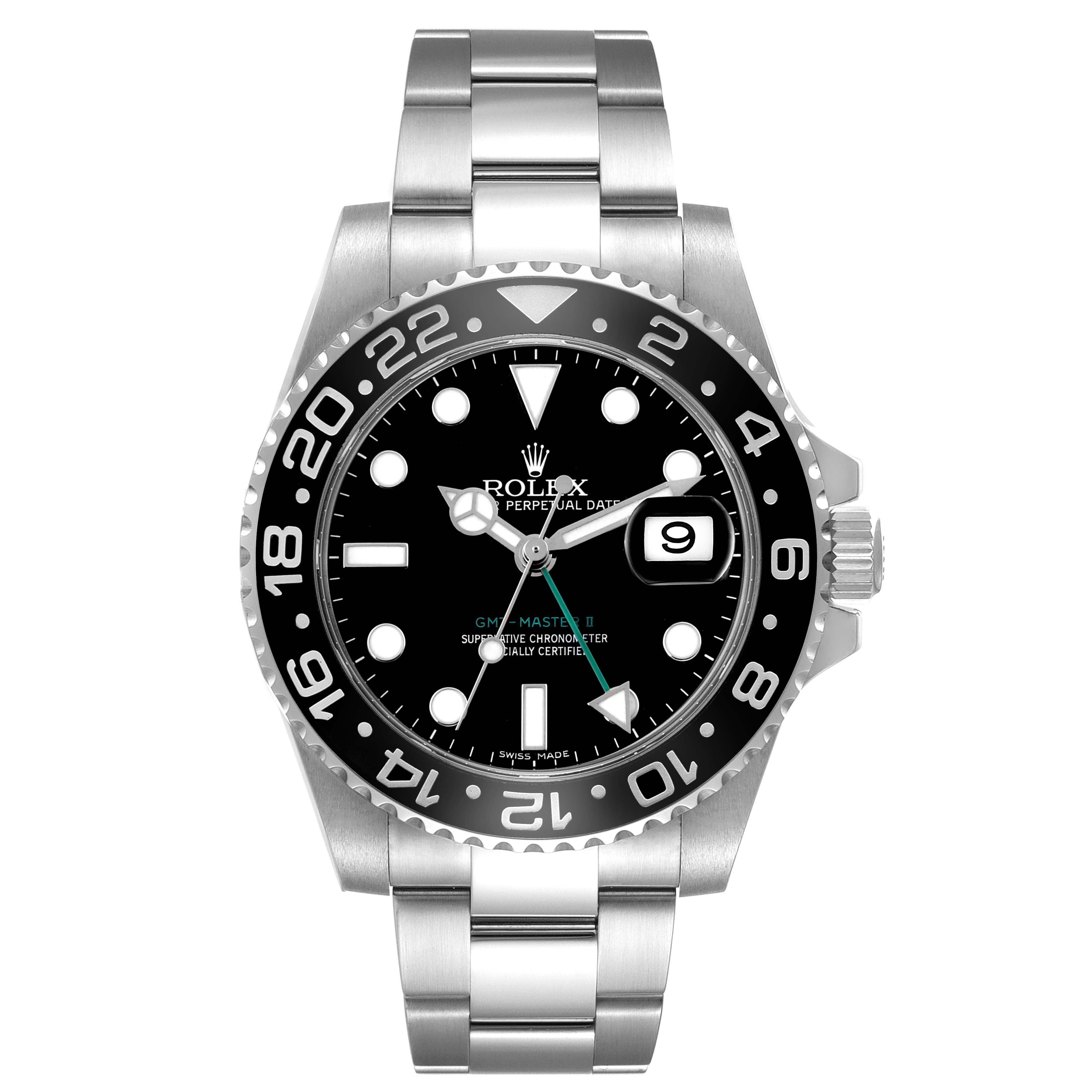 The Rolex GMT-Master 116710LN Men's Stainless Steel Black Dial watch is shown from the front, displaying the dial, bezel, and bracelet.