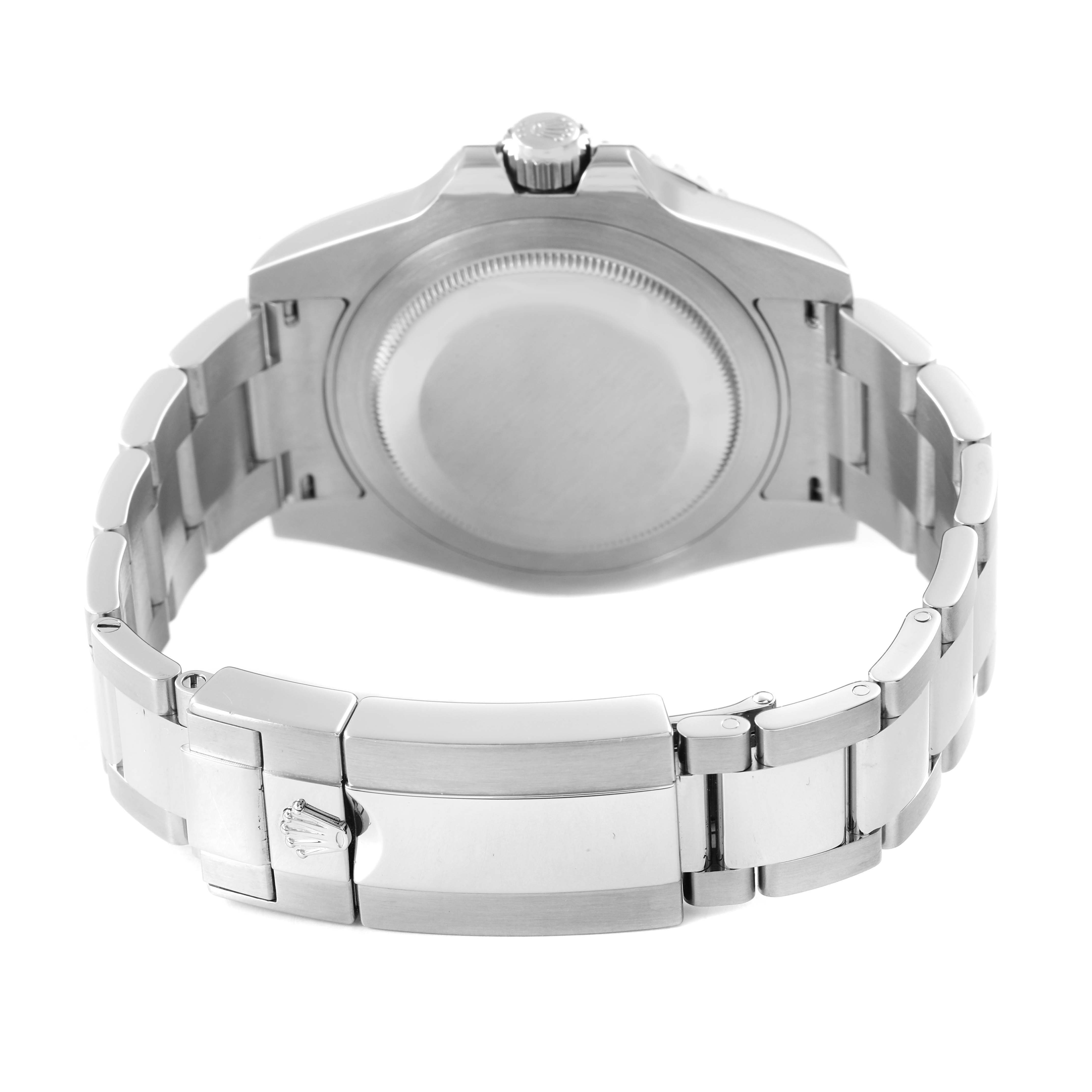 The image shows the back case, crown, and bracelet with a clasp of a Rolex GMT-Master 116710LN Men's Stainless Steel Black Dial watch from the rear angle.