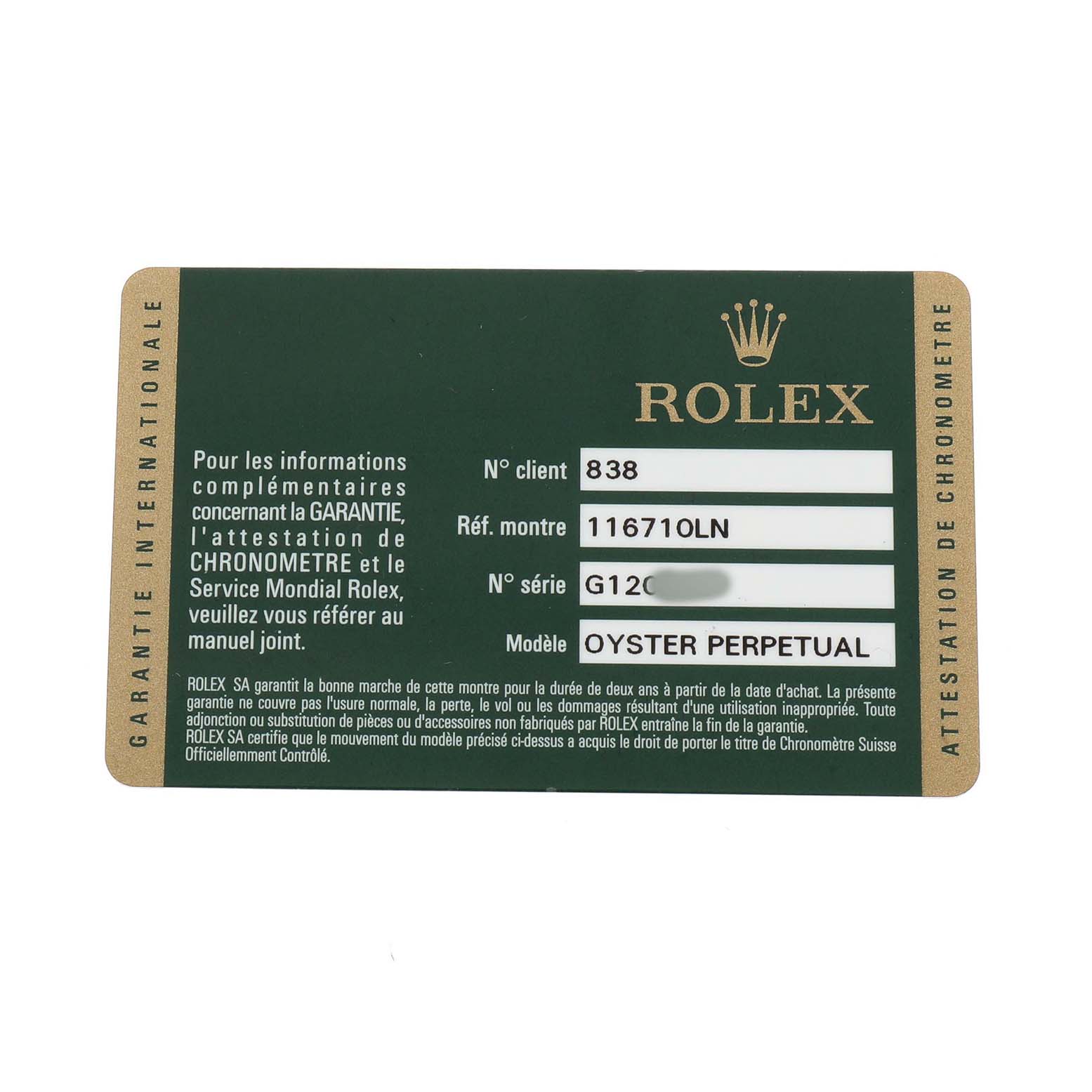 The image shows a warranty card angled top-down, featuring details of the Rolex GMT-Master 116710LN Men's Stainless Steel Black Dial II model.