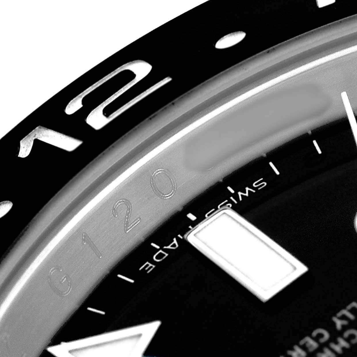The image shows a close-up of the Rolex GMT-Master 116710LN Men's Stainless Steel Black Dial bezel and partial dial, highlighting numerals and markers.