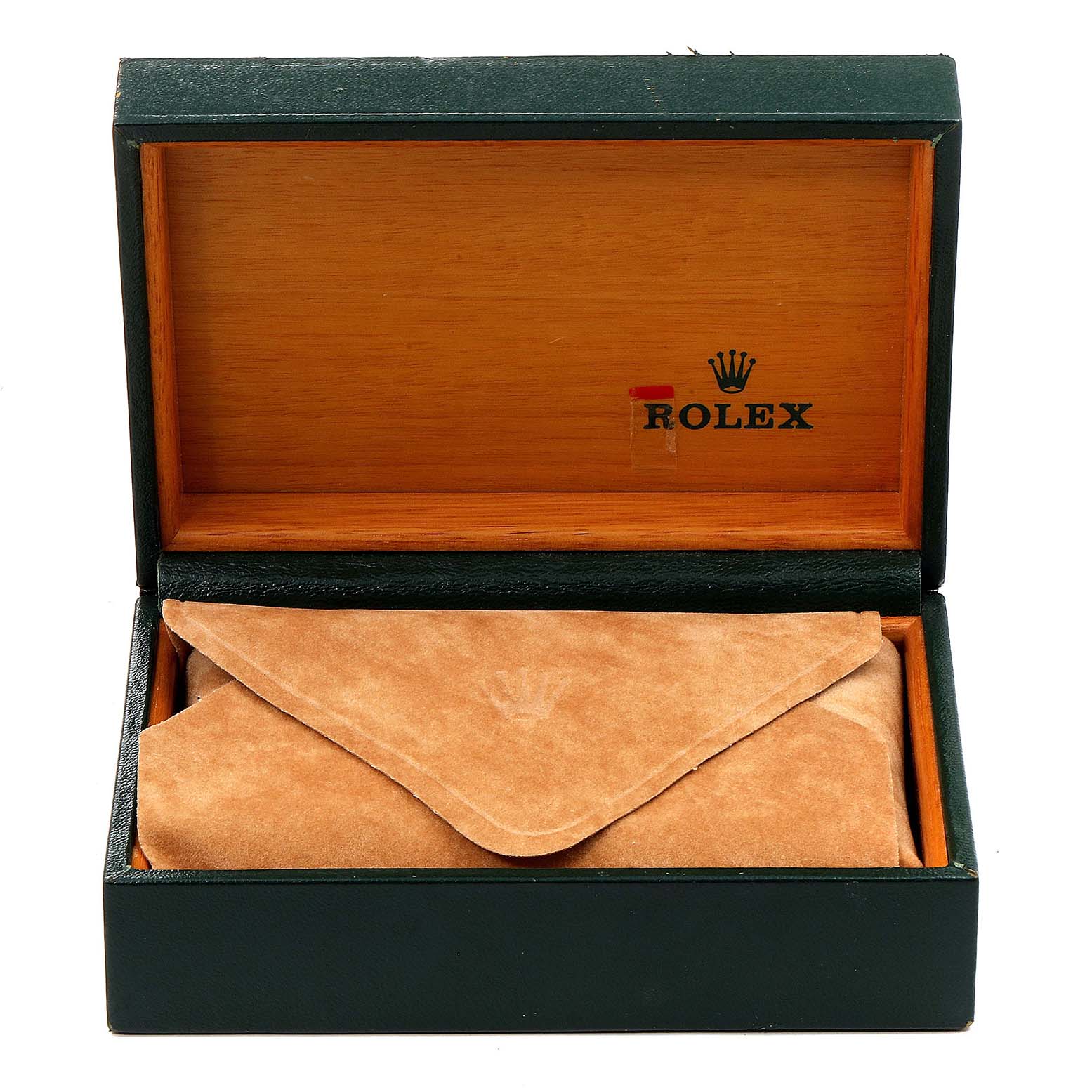 The image shows an open Rolex box with a suede pouch inside, typically used for a GMT-Master model watch.