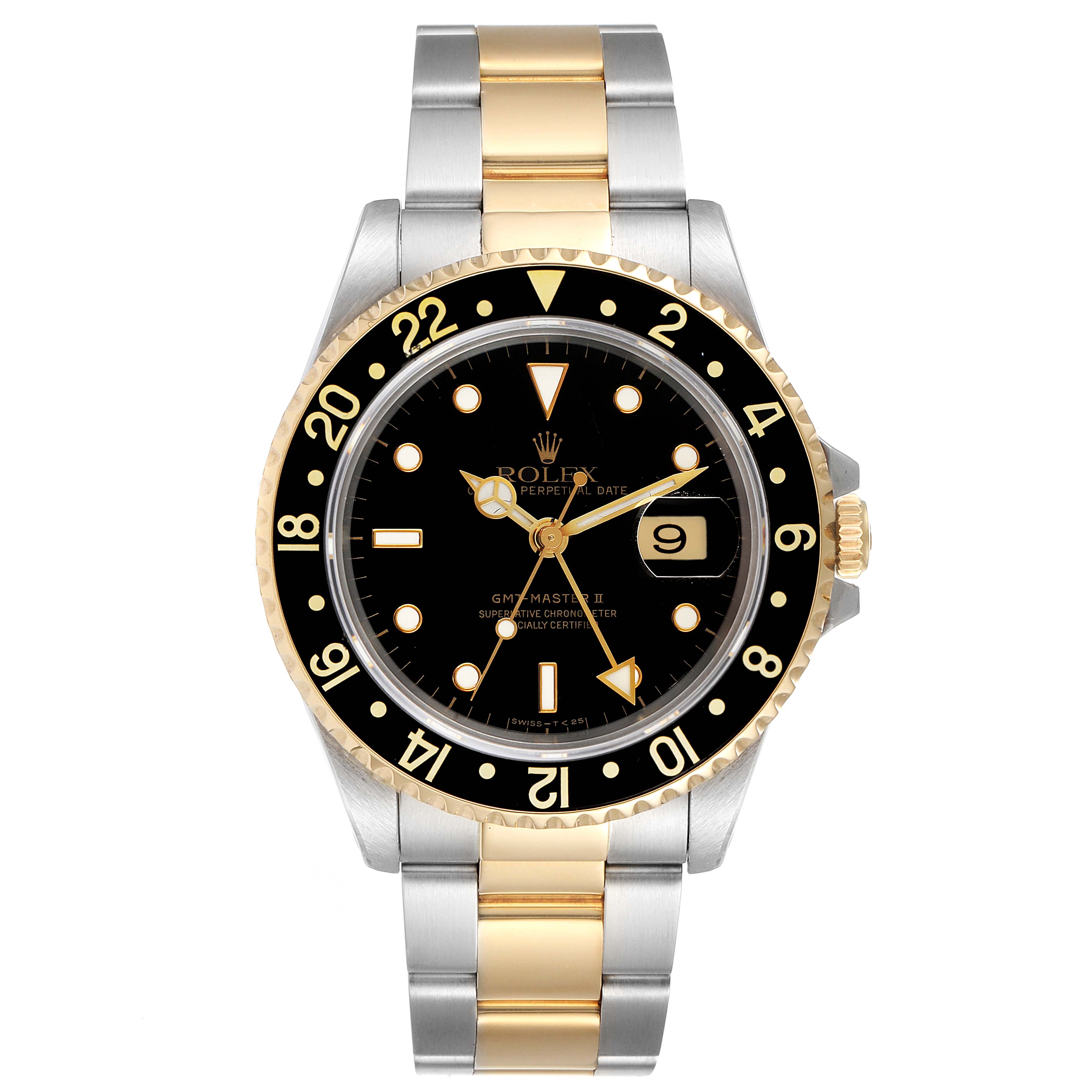 This image shows a front view of a Rolex GMT-Master 16713 Men's Steel and Gold (two tone) Black Dial 16713 Men's Steel and Gold (two tone) Black Dial watch, highlighting the dual-tone bracelet, black dial, and black bezel with gold accents.