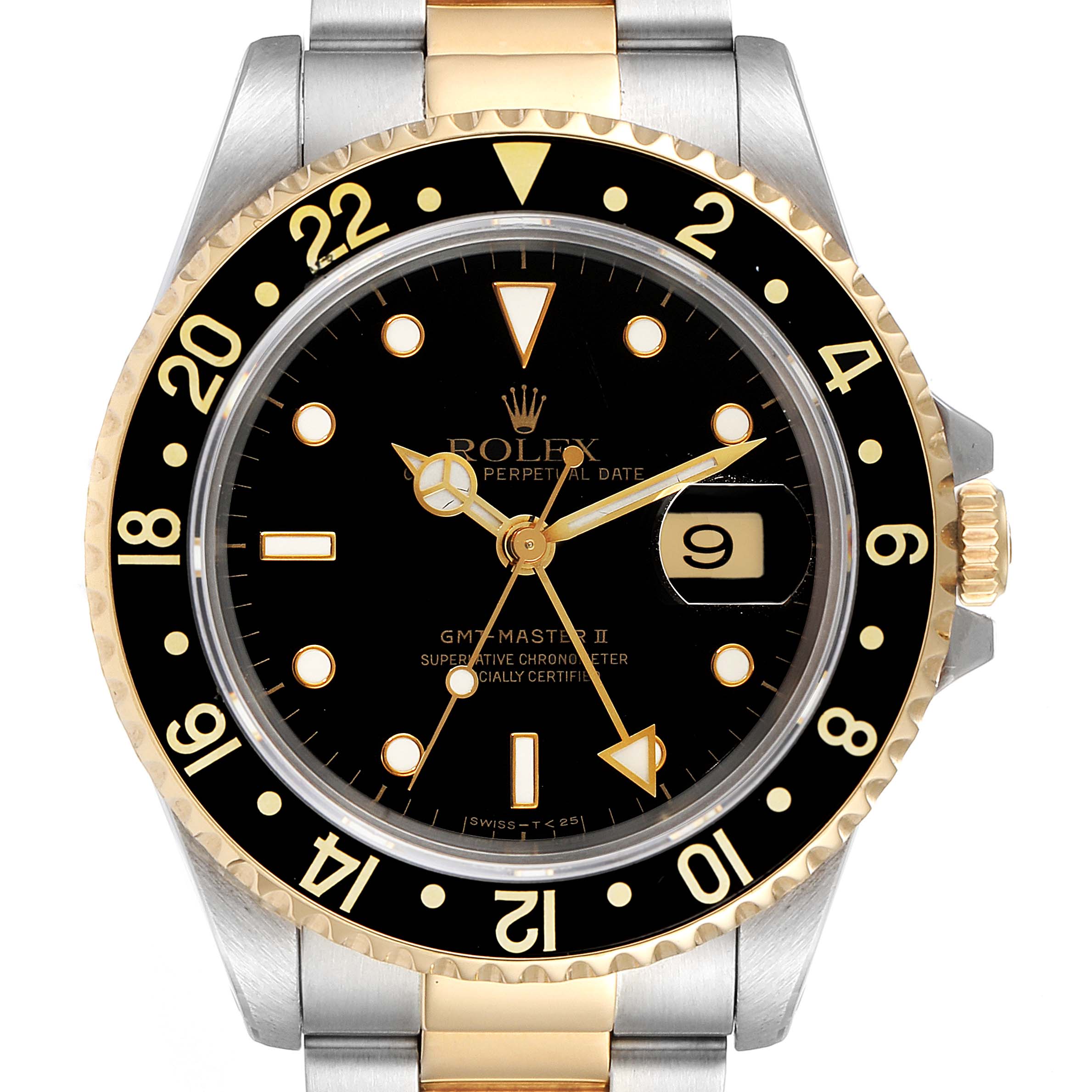 The Rolex GMT-Master 16713 Men's Steel and Gold (two tone) Black Dial 16713 Men's Steel and Gold (two tone) Black Dial watch is shown from a front angle highlighting its black dial, date window, and two-tone stainless steel and gold bracelet.