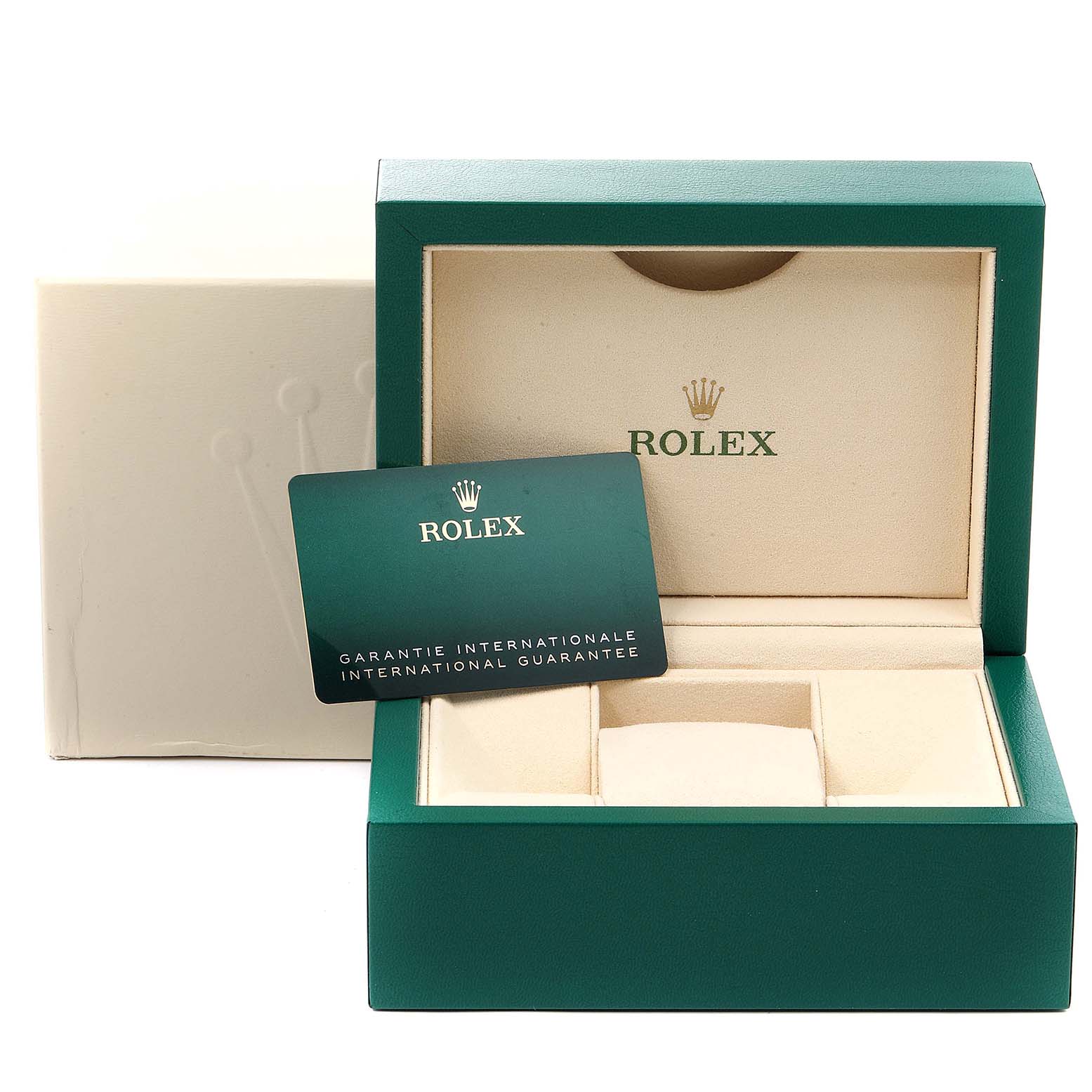 The image shows a green and beige Rolex watch box for the Mid-Size model, along with a warranty card.