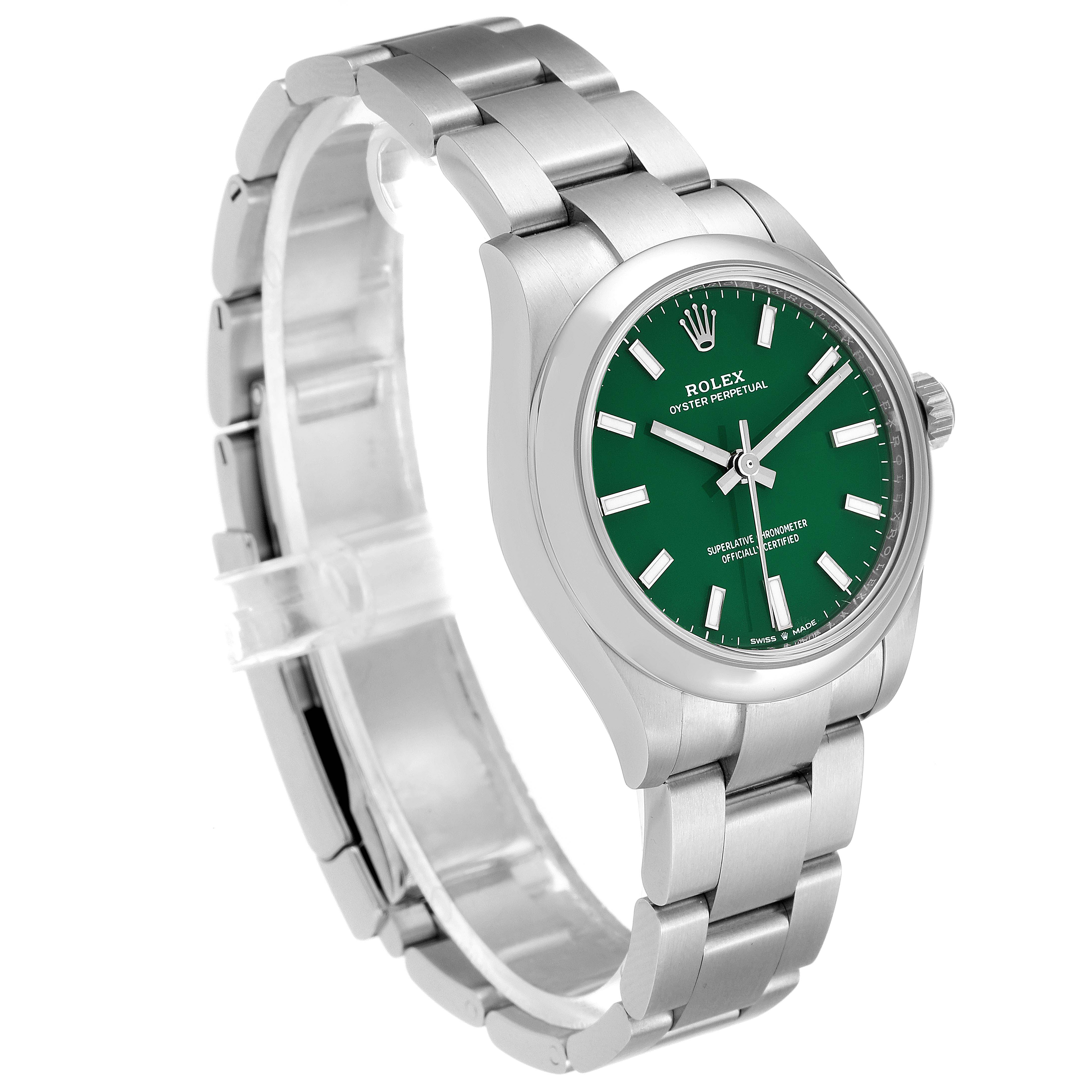 The image shows a side angle of the Rolex Mid-Size 277200 Women's Stainless Steel Green Dial 277200 Women's Stainless Steel Green Dial Oyster Perpetual watch, highlighting its green dial and metal bracelet.