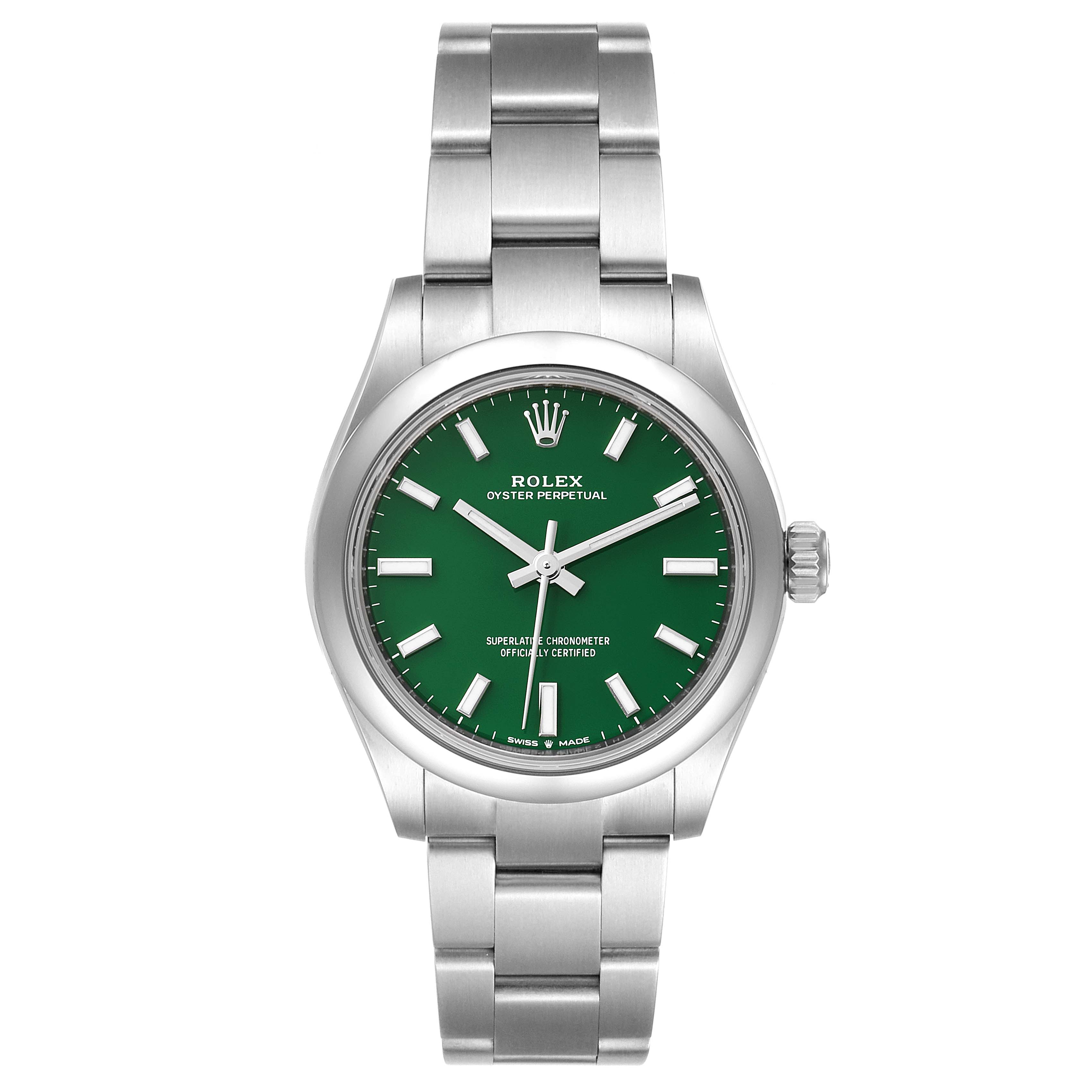 The image shows a front view of a Rolex Oyster Perpetual Mid-Size with a green dial and stainless steel bracelet.