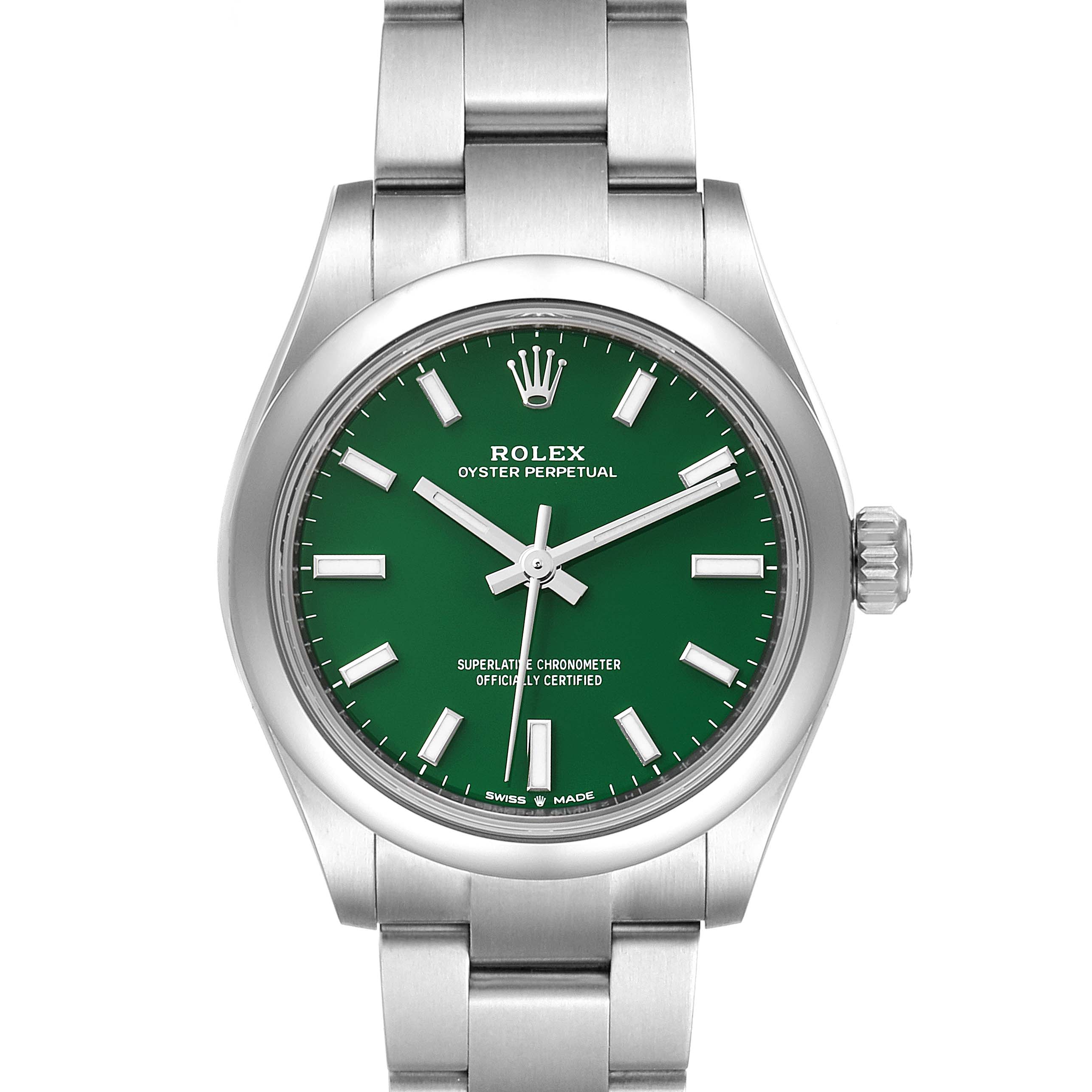 The image shows a front view of a Rolex Oyster Perpetual Mid-Size watch with a green dial and stainless steel bracelet.