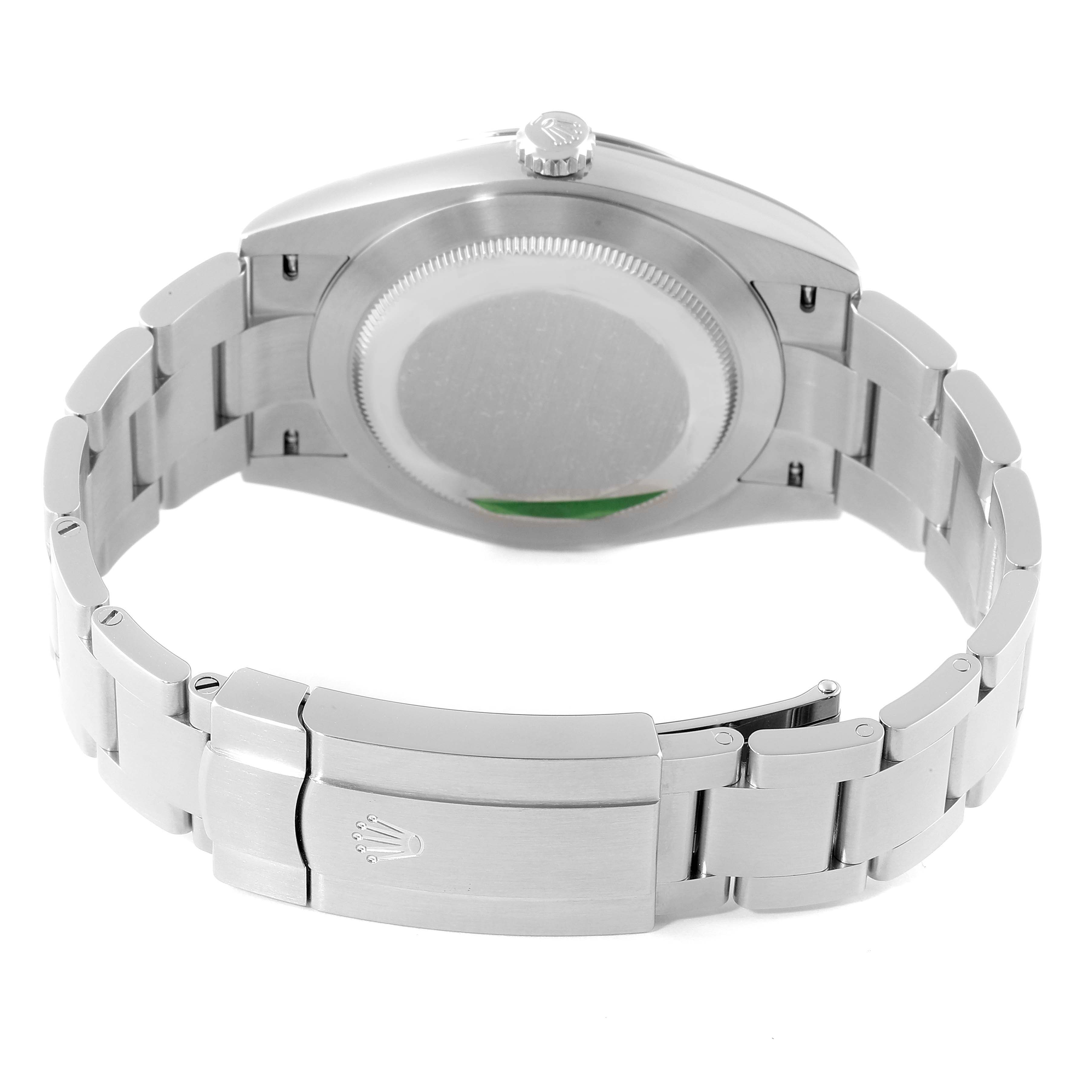 This image shows the back of a Rolex Oyster Perpetual 124300 Men
s Stainless Steel Blue Dial 124300 Men
s Stainless Steel Blue Dial watch, highlighting the clasp and bracelet.