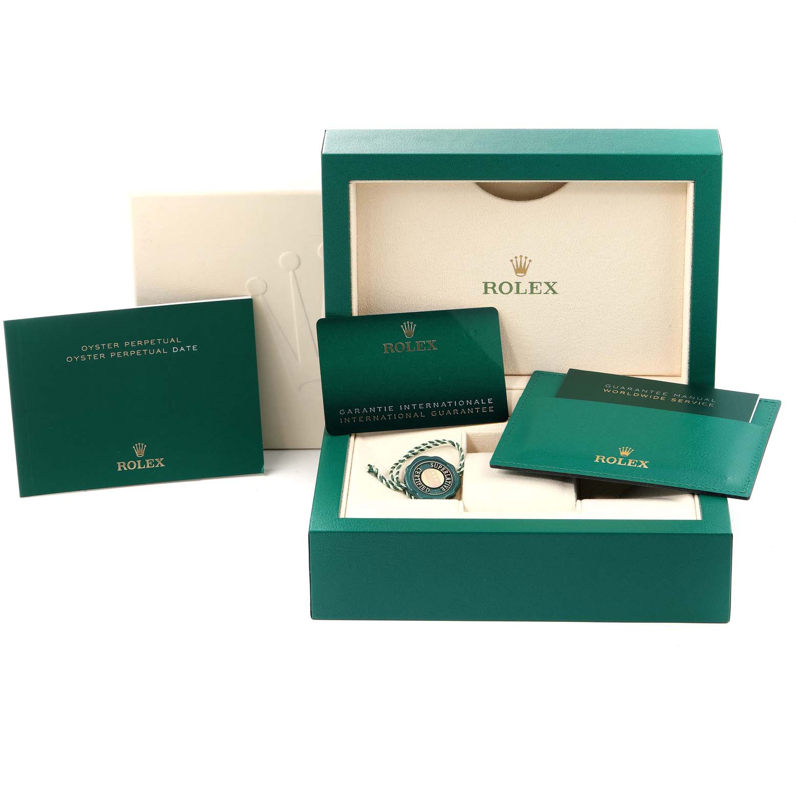 The image shows the Rolex Oyster Perpetual 124300 Men
s Stainless Steel Blue Dial 124300 Men
s Stainless Steel Blue Dial watch packaging and accessories, including manuals, warranty cards, and a green box.