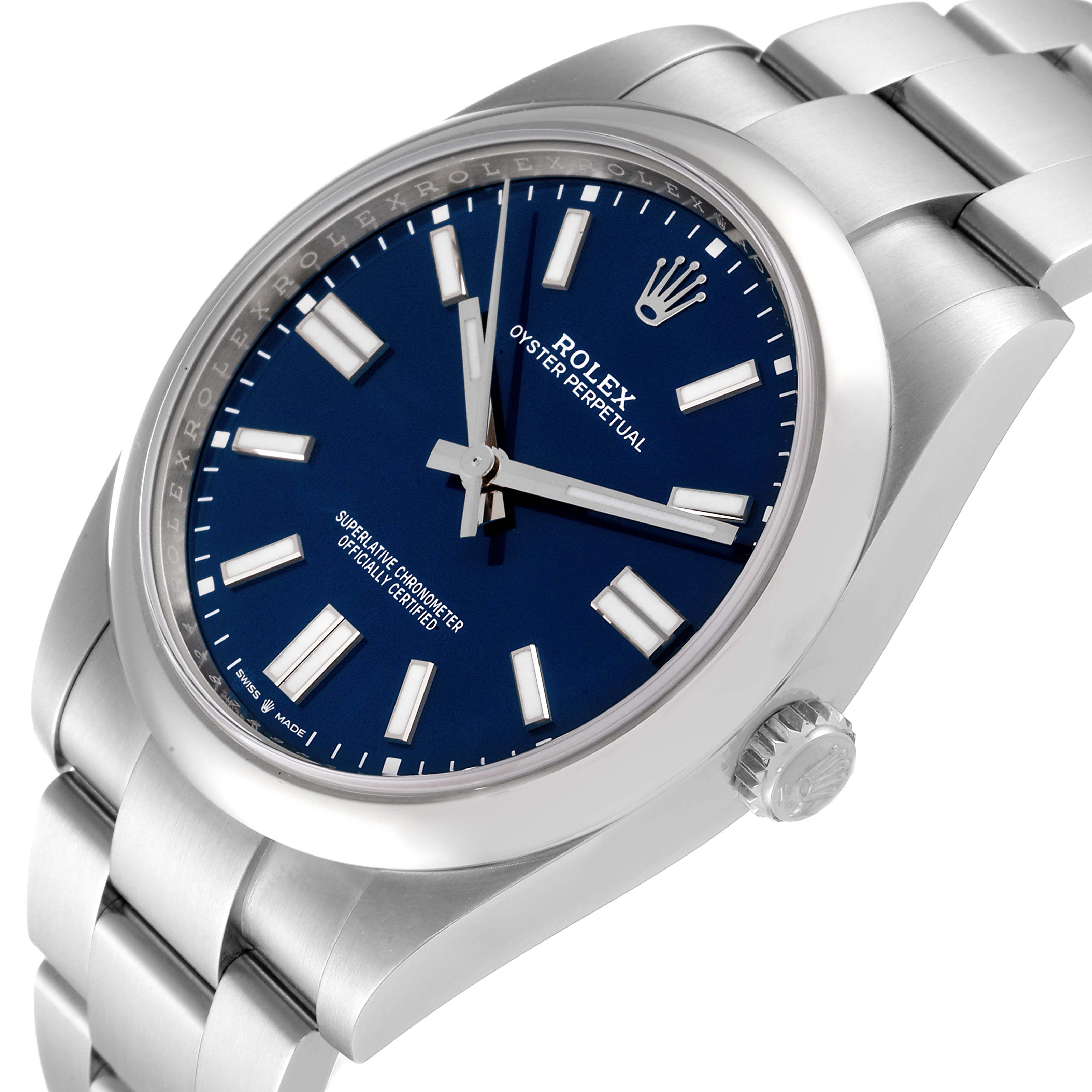 The image shows a Rolex Oyster Perpetual 124300 Men
s Stainless Steel Blue Dial 124300 Men
s Stainless Steel Blue Dial watch at a three-quarter angle, highlighting the blue dial, case, and part of the bracelet.