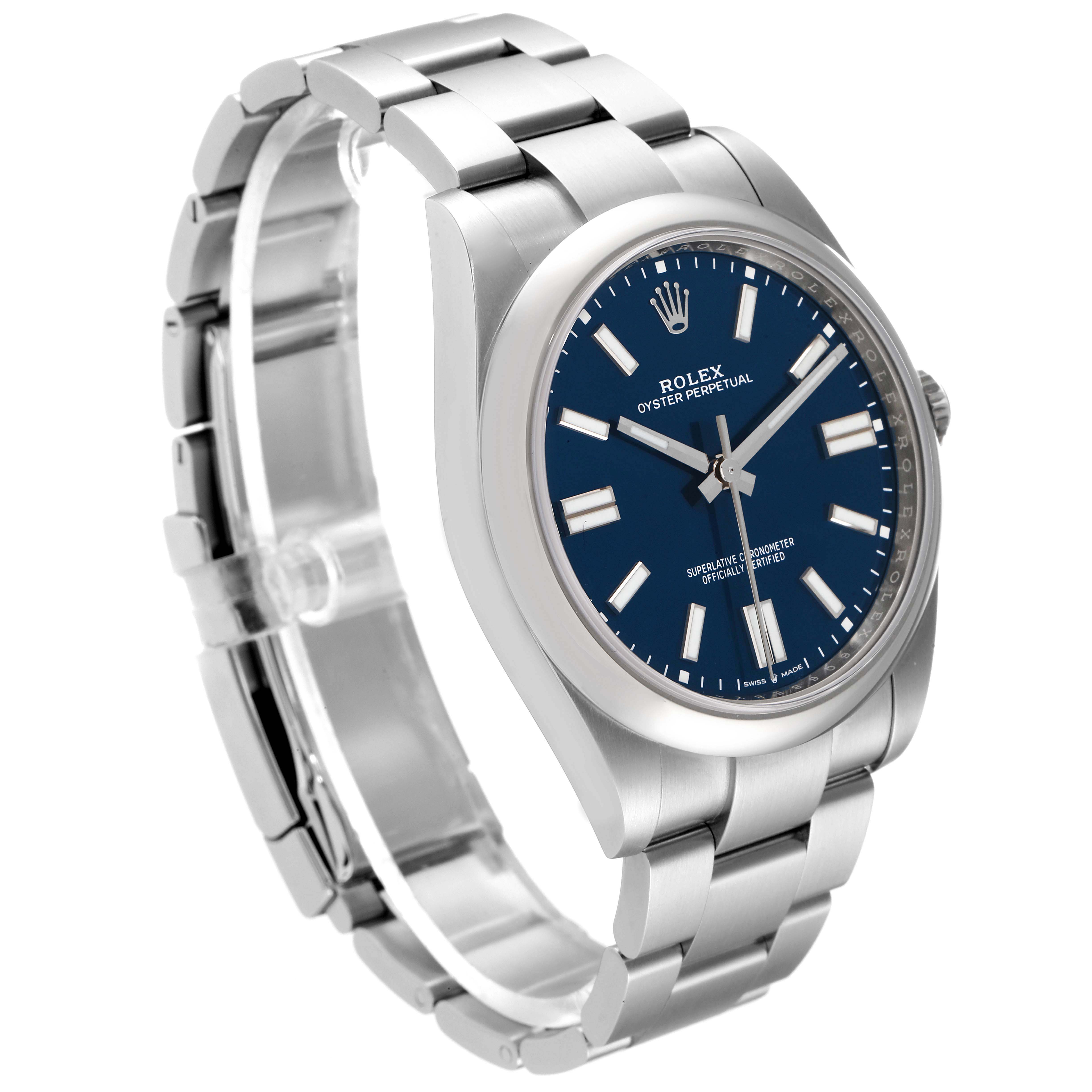 This image shows a side-angle view of a Rolex Oyster Perpetual 124300 Men
s Stainless Steel Blue Dial 124300 Men
s Stainless Steel Blue Dial watch, highlighting the bracelet, case, and blue dial.