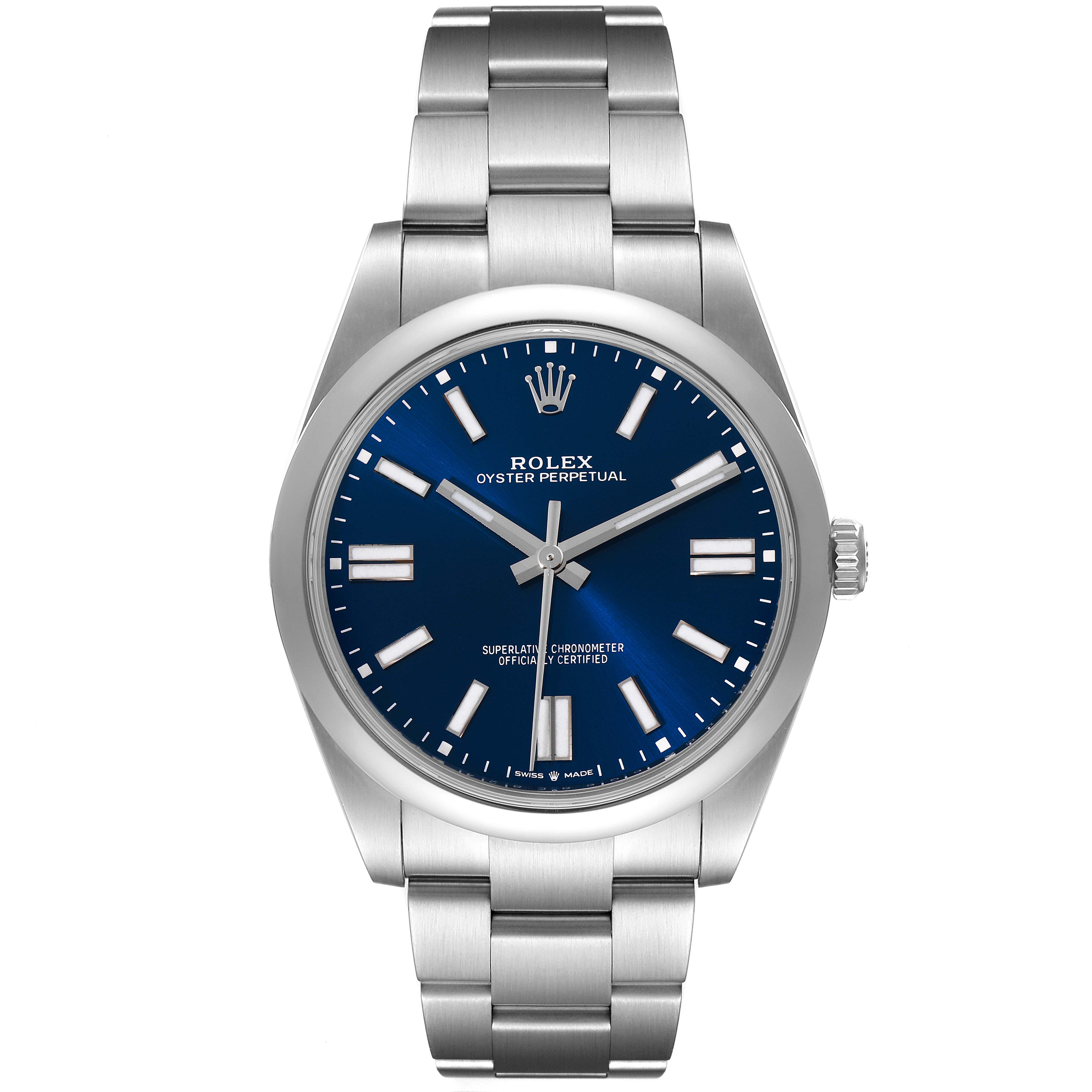 The image shows a front view of a Rolex Oyster Perpetual 124300 Men
s Stainless Steel Blue Dial 124300 Men
s Stainless Steel Blue Dial watch with a blue dial and stainless steel bracelet.
