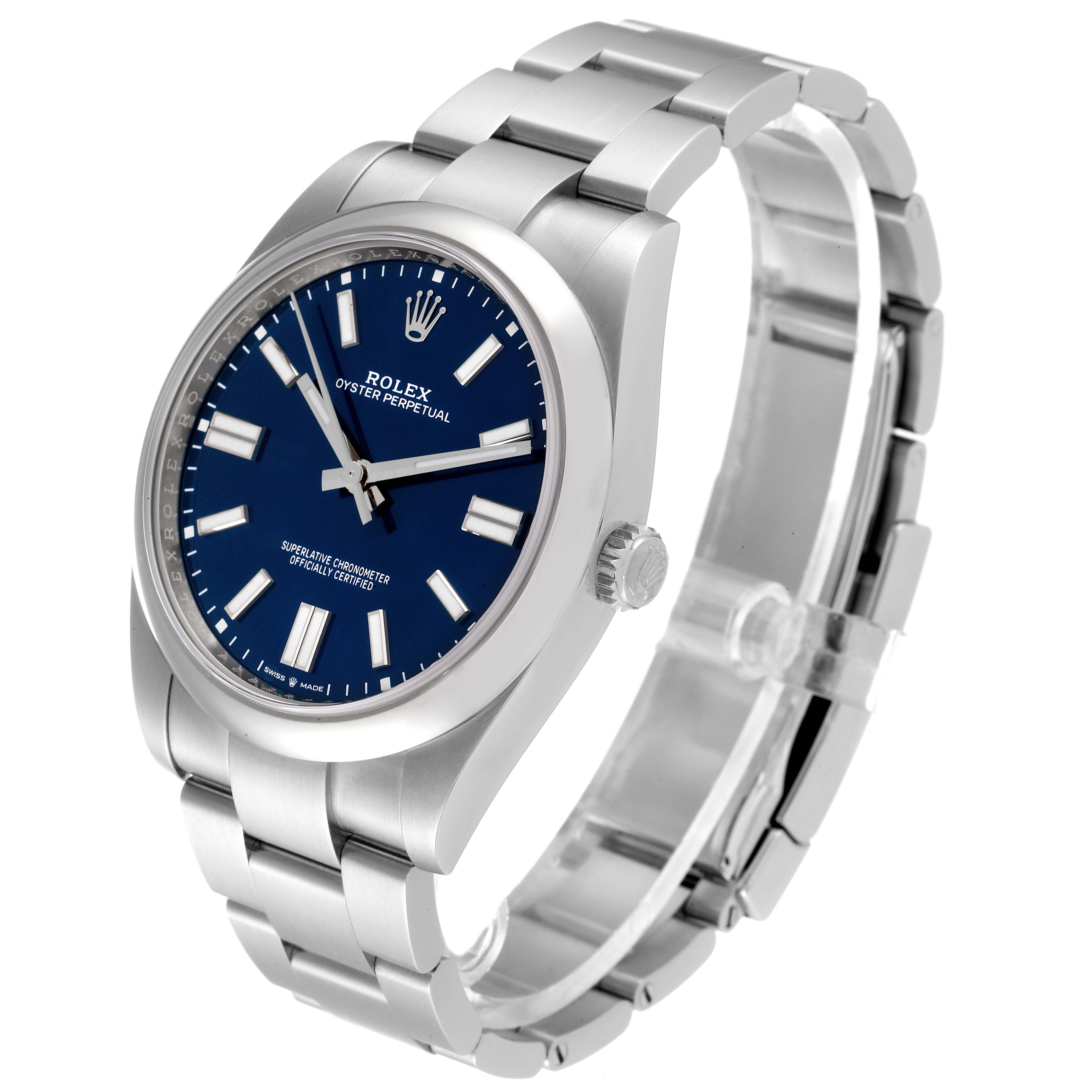 The Rolex Oyster Perpetual 124300 Men
s Stainless Steel Blue Dial 124300 Men
s Stainless Steel Blue Dial watch is shown at a slight side angle, displaying its blue dial, metal bracelet, and crown.
