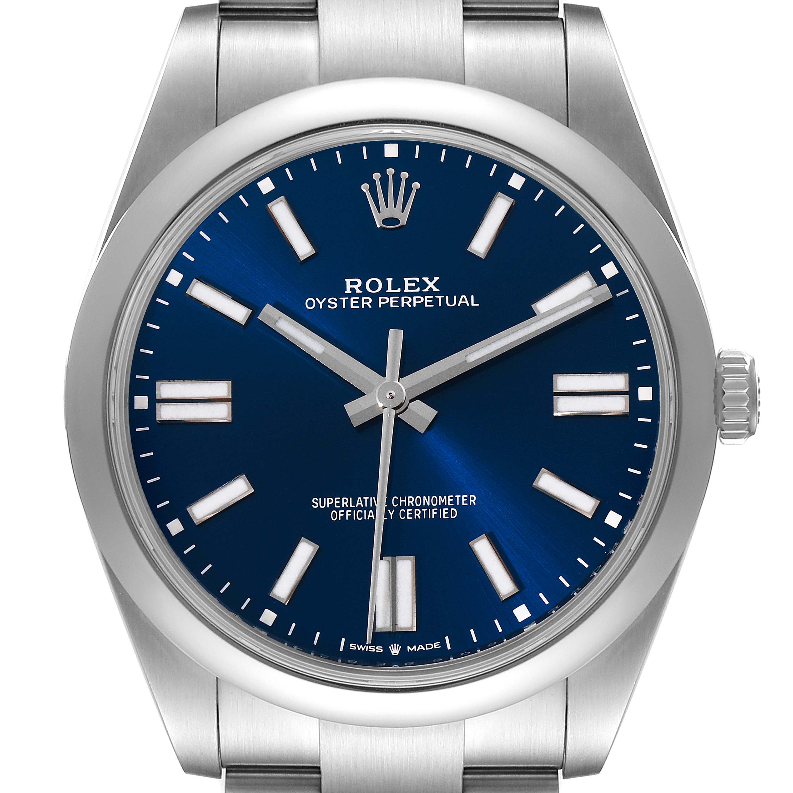 This image shows a front view of a Rolex Oyster Perpetual 124300 Men
s Stainless Steel Blue Dial 124300 Men
s Stainless Steel Blue Dial watch displaying the dial, hands, and part of the bracelet.