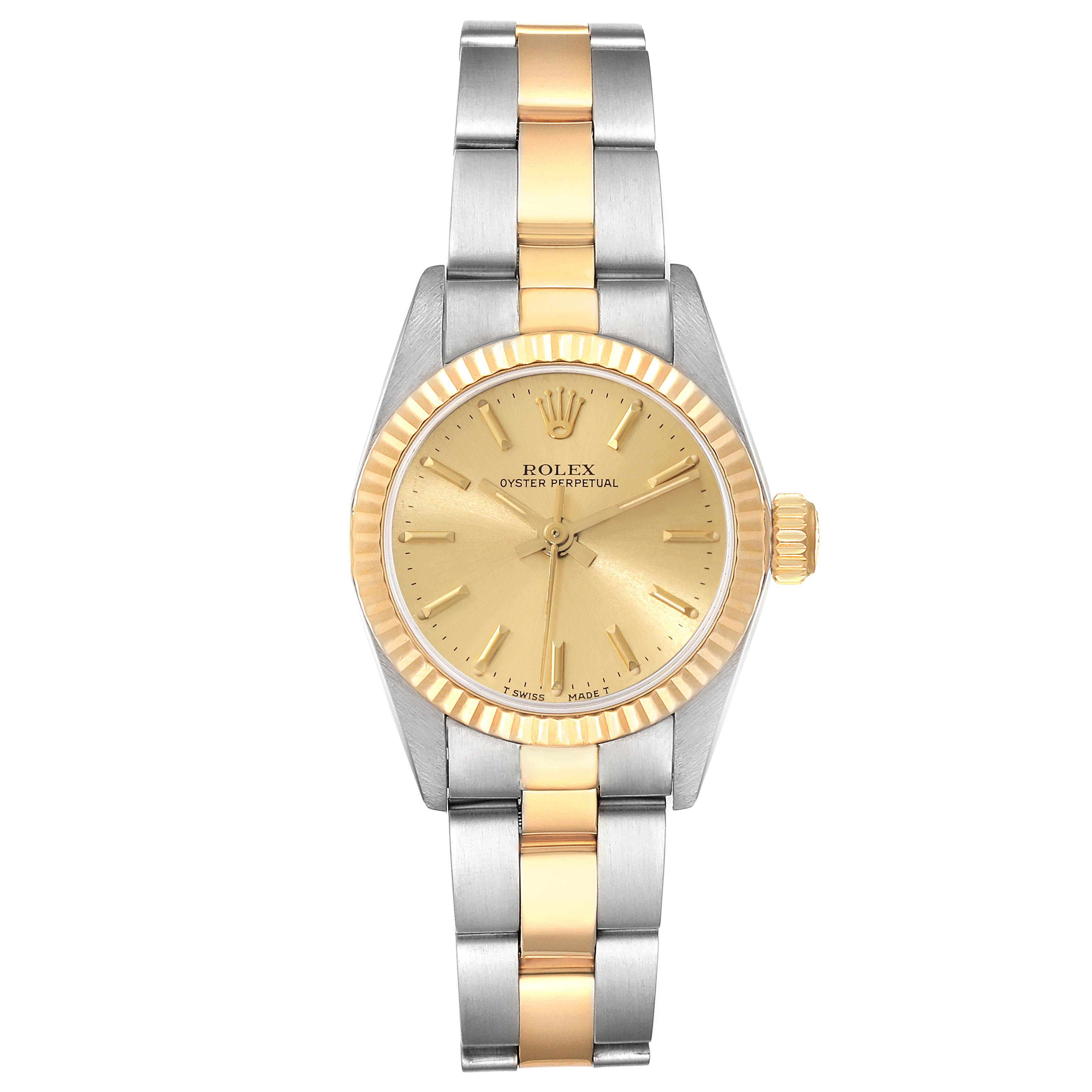 The image shows a face-on view of a Rolex Oyster Perpetual 67193 Women's Steel and Gold (two tone) Champagne Dial 67193 Women's Steel and Gold (two tone) Champagne Dial watch, highlighting its gold dial, bezel, and two-tone metal bracelet.
