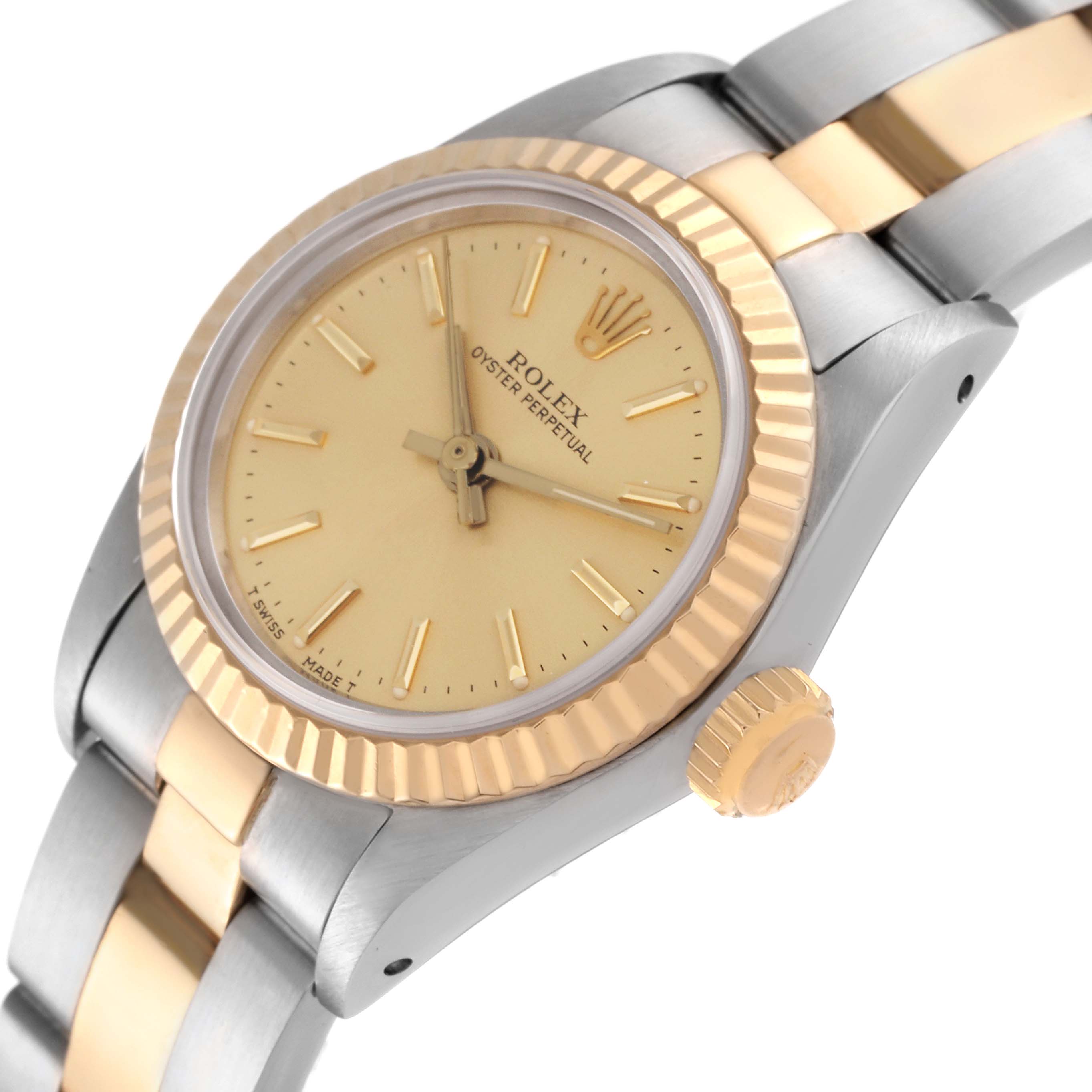 The image shows a Rolex Oyster Perpetual 67193 Women's Steel and Gold (two tone) Champagne Dial 67193 Women's Steel and Gold (two tone) Champagne Dial watch featuring its dial, bezel, case, crown, and part of its bracelet.