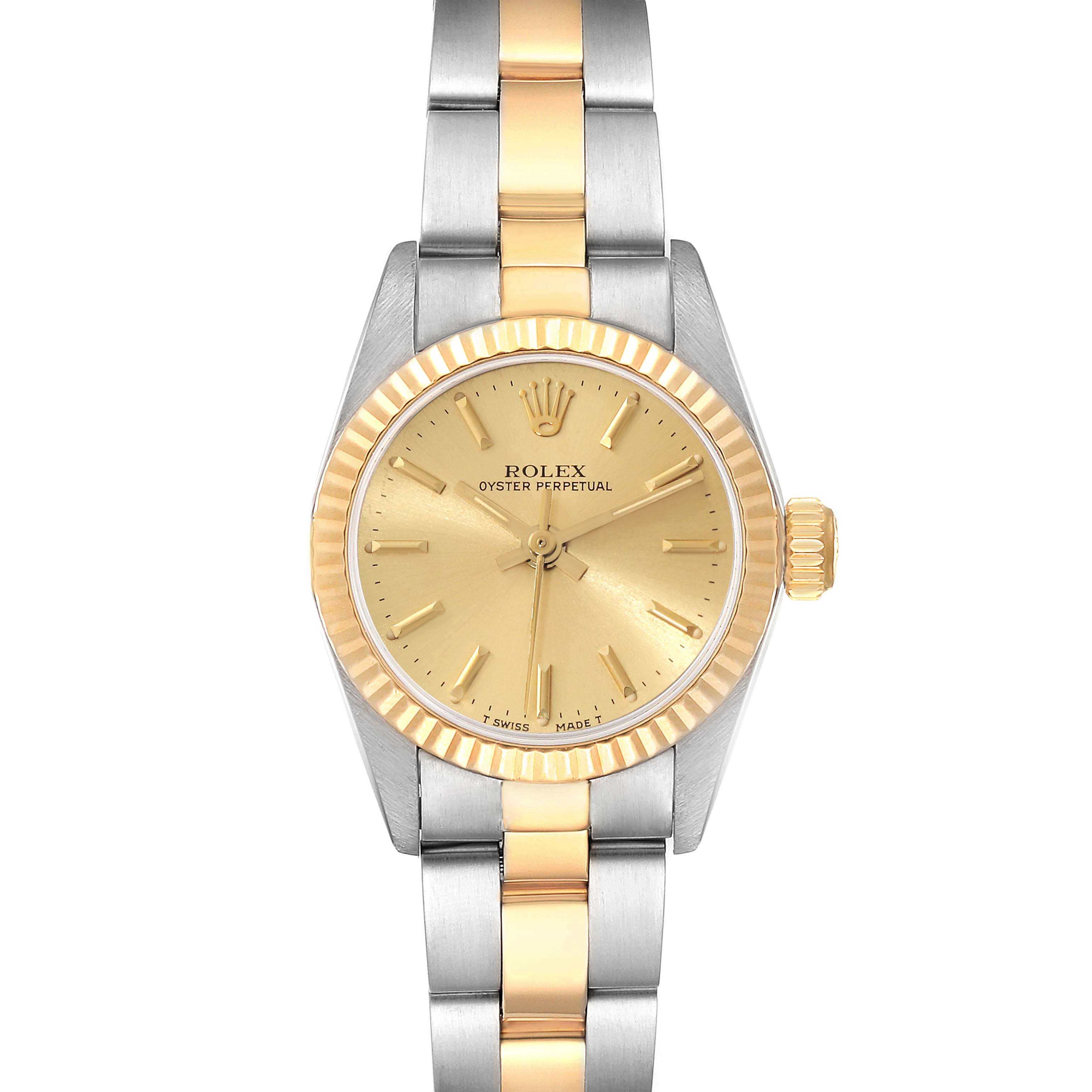 This image shows a Rolex Oyster Perpetual 67193 Women's Steel and Gold (two tone) Champagne Dial 67193 Women's Steel and Gold (two tone) Champagne Dial watch from a front angle, highlighting its gold and silver two-tone bracelet and face.