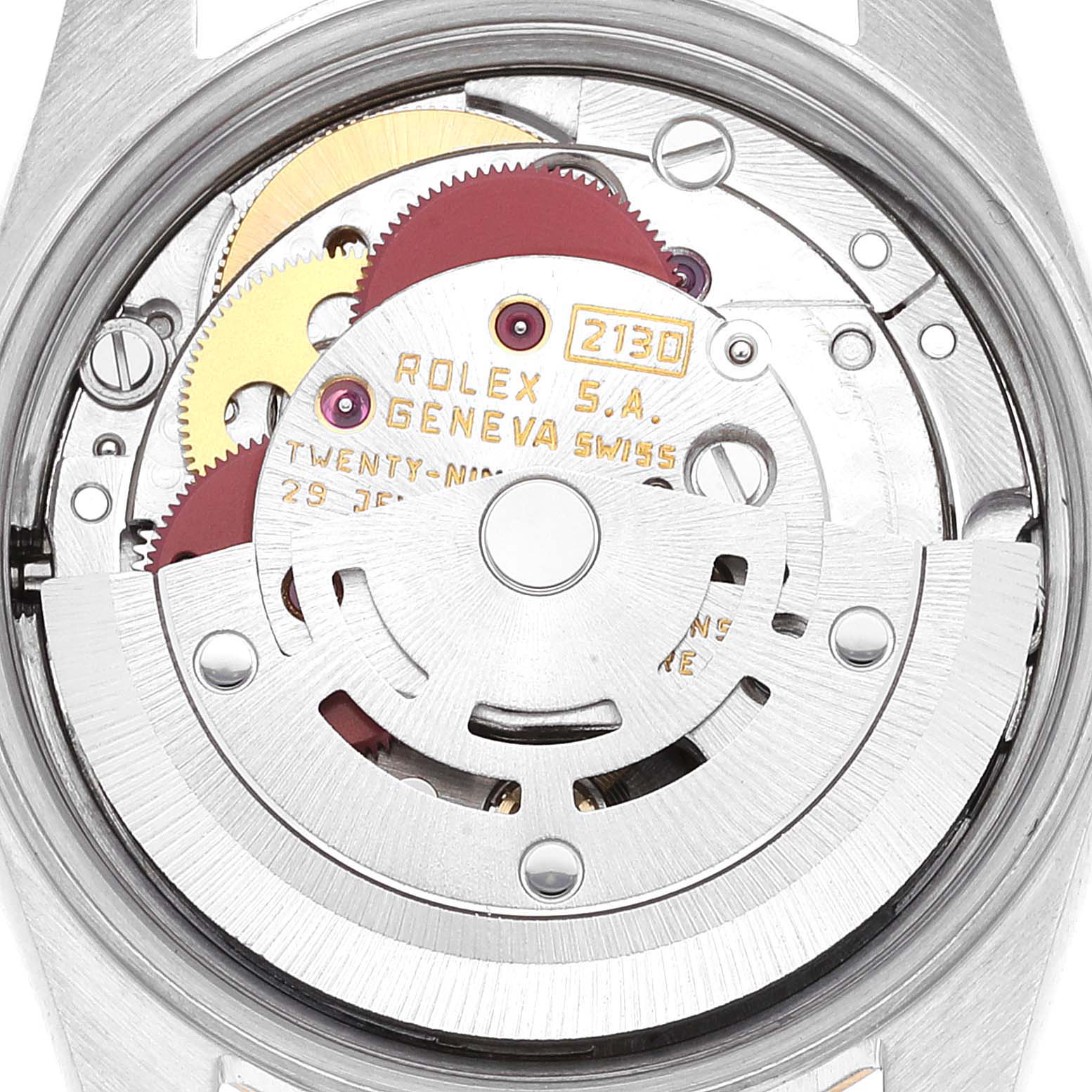 The image shows the internal mechanism of the Rolex Oyster Perpetual 67193 Women's Steel and Gold (two tone) Champagne Dial 67193 Women's Steel and Gold (two tone) Champagne Dial watch from a rear angle.