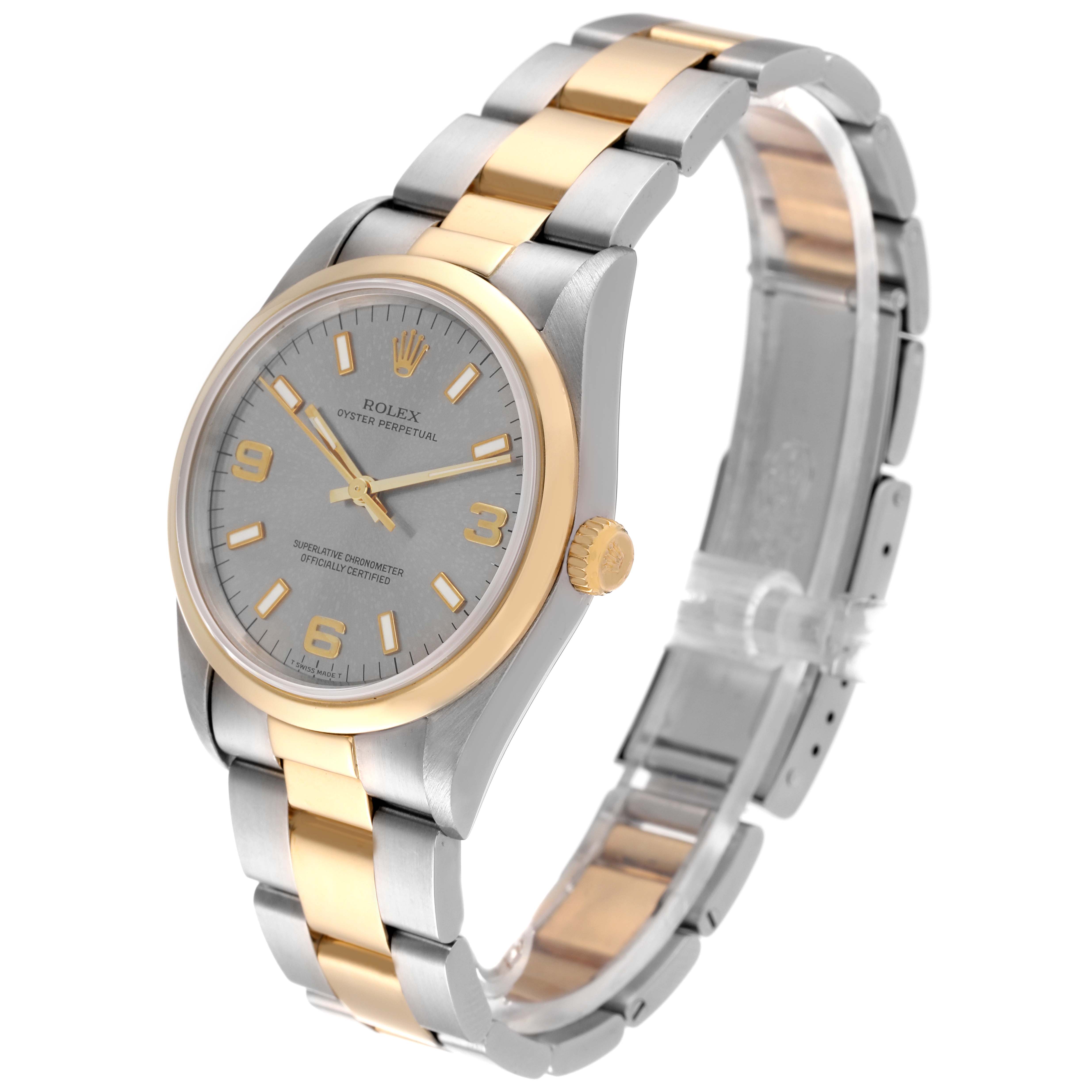 The image shows a Rolex Oyster Perpetual 14203 Men's Steel and Gold (two tone) Grey Dial 14203 Men's Steel and Gold (two tone) Grey Dial watch at a slight angle, highlighting the gold and silver bracelet and the watch face.
