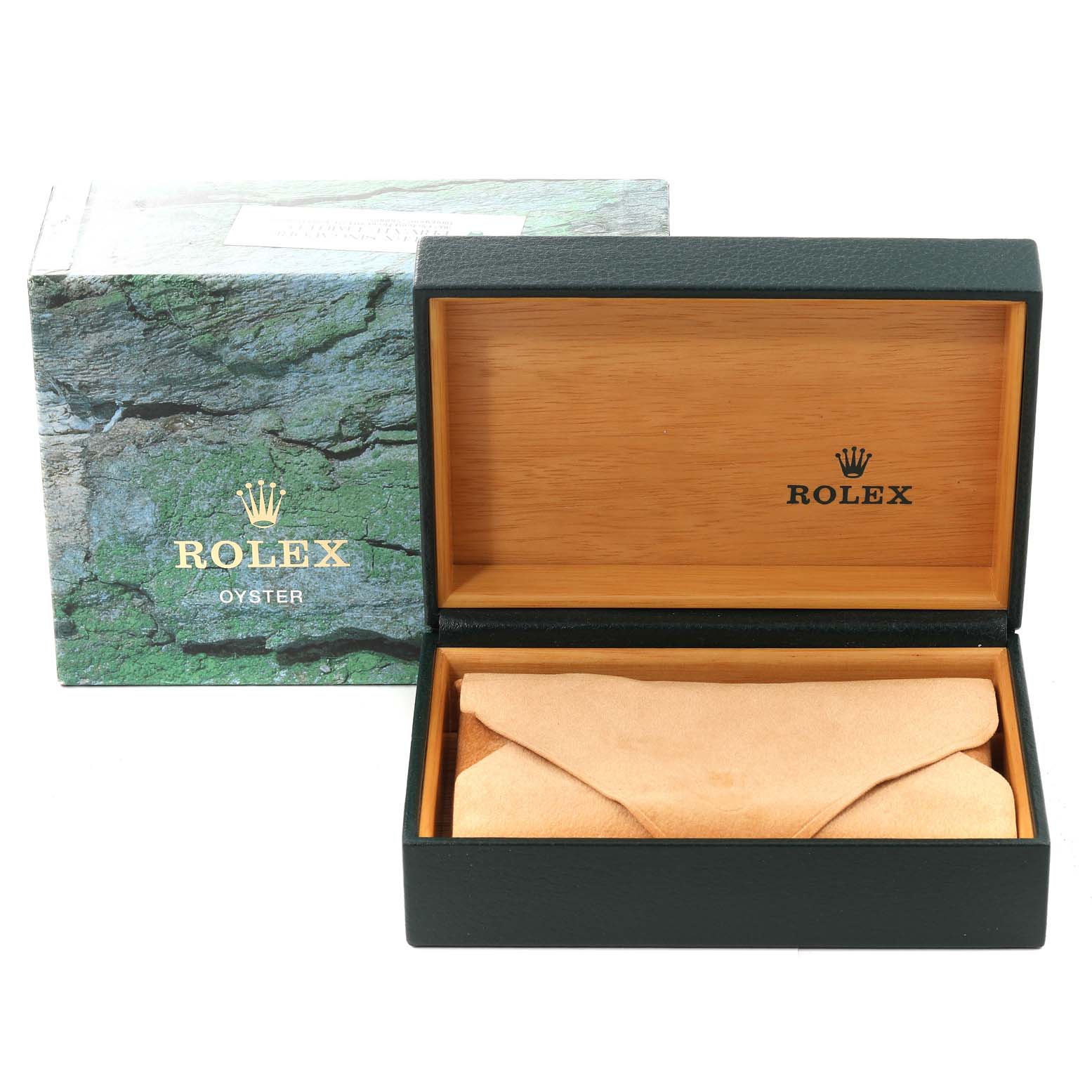 The image shows an open box and the outer packaging for the Rolex Oyster Perpetual 14203 Men's Steel and Gold (two tone) Grey Dial 14203 Men's Steel and Gold (two tone) Grey Dial watch.