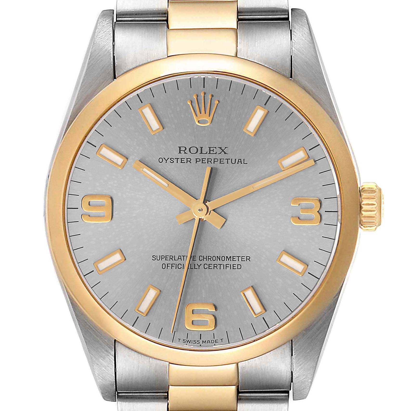 This image shows the front view of the Rolex Oyster Perpetual 14203 Men's Steel and Gold (two tone) Grey Dial 14203 Men's Steel and Gold (two tone) Grey Dial watch, displaying the dial, hands, and part of the metal bracelet.
