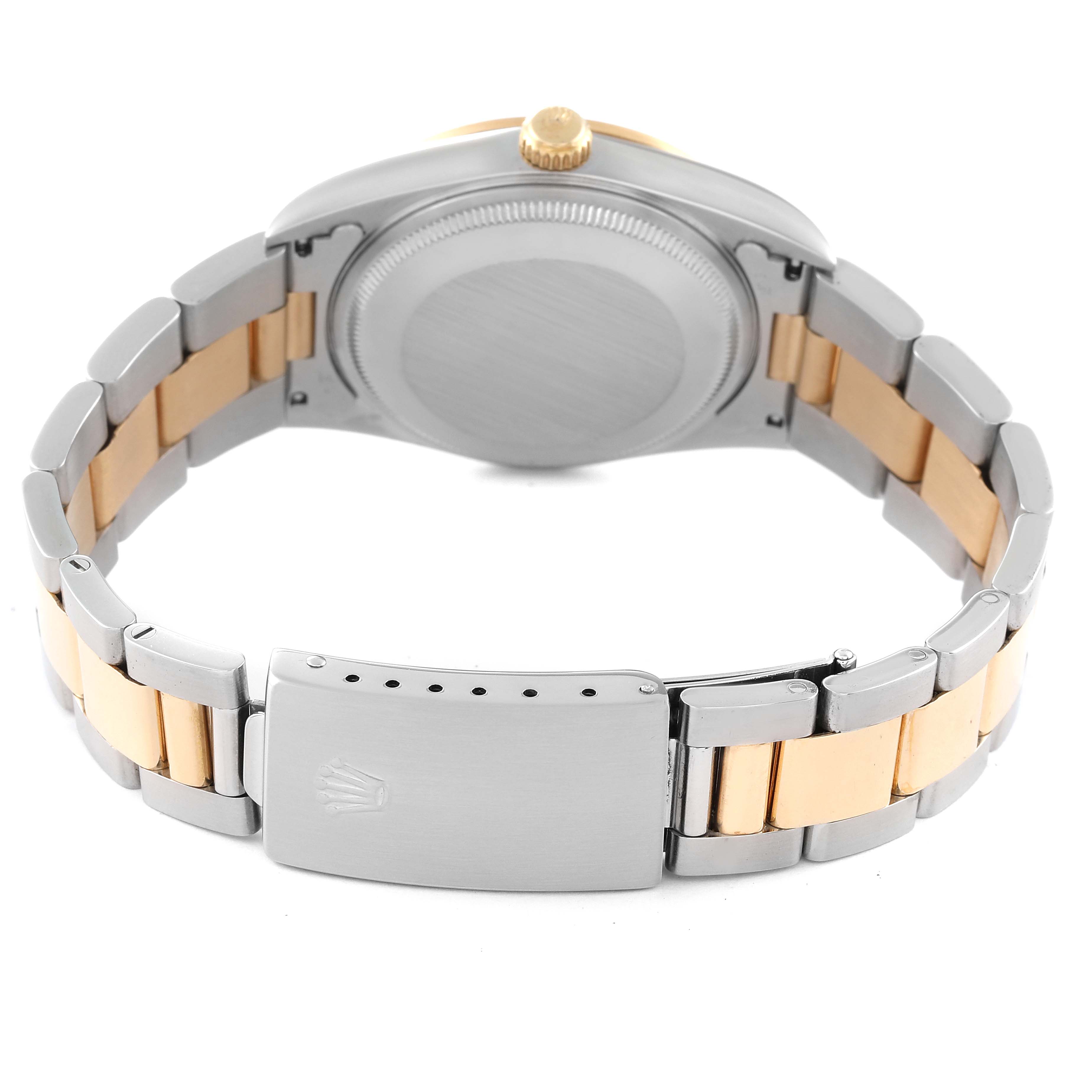 The image shows the back of a Rolex Oyster Perpetual 14203 Men's Steel and Gold (two tone) Grey Dial 14203 Men's Steel and Gold (two tone) Grey Dial watch, focusing on the case and bracelet with the clasp visible.