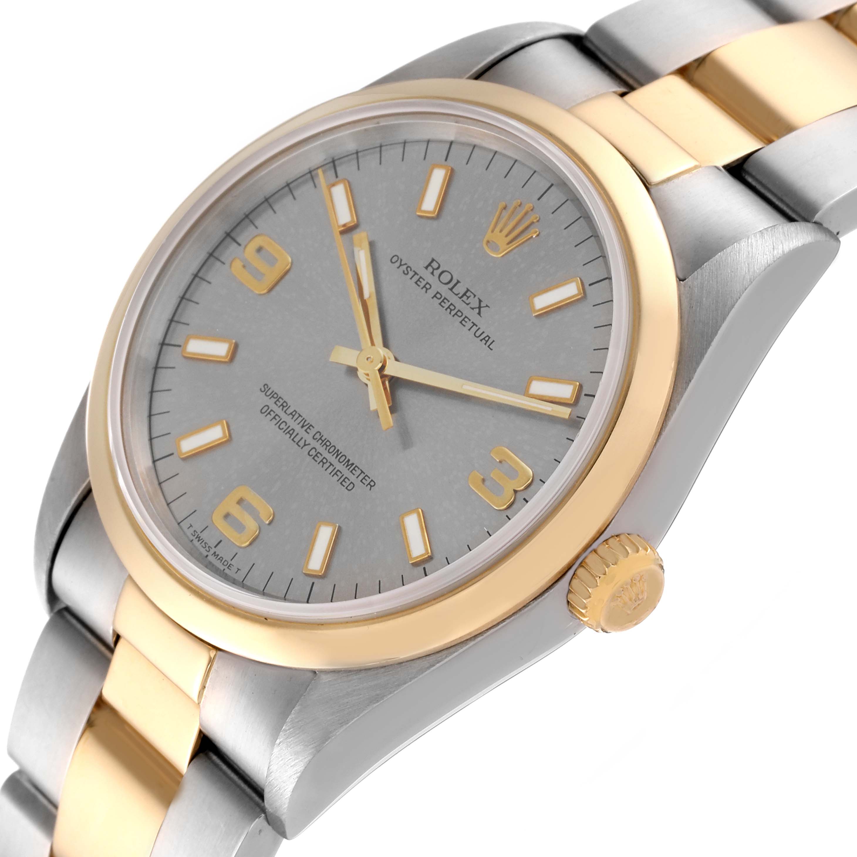 This image shows a close-up angled view of the Rolex Oyster Perpetual 14203 Men's Steel and Gold (two tone) Grey Dial 14203 Men's Steel and Gold (two tone) Grey Dial watch, highlighting the dial, crown, and bi-metal bracelet.