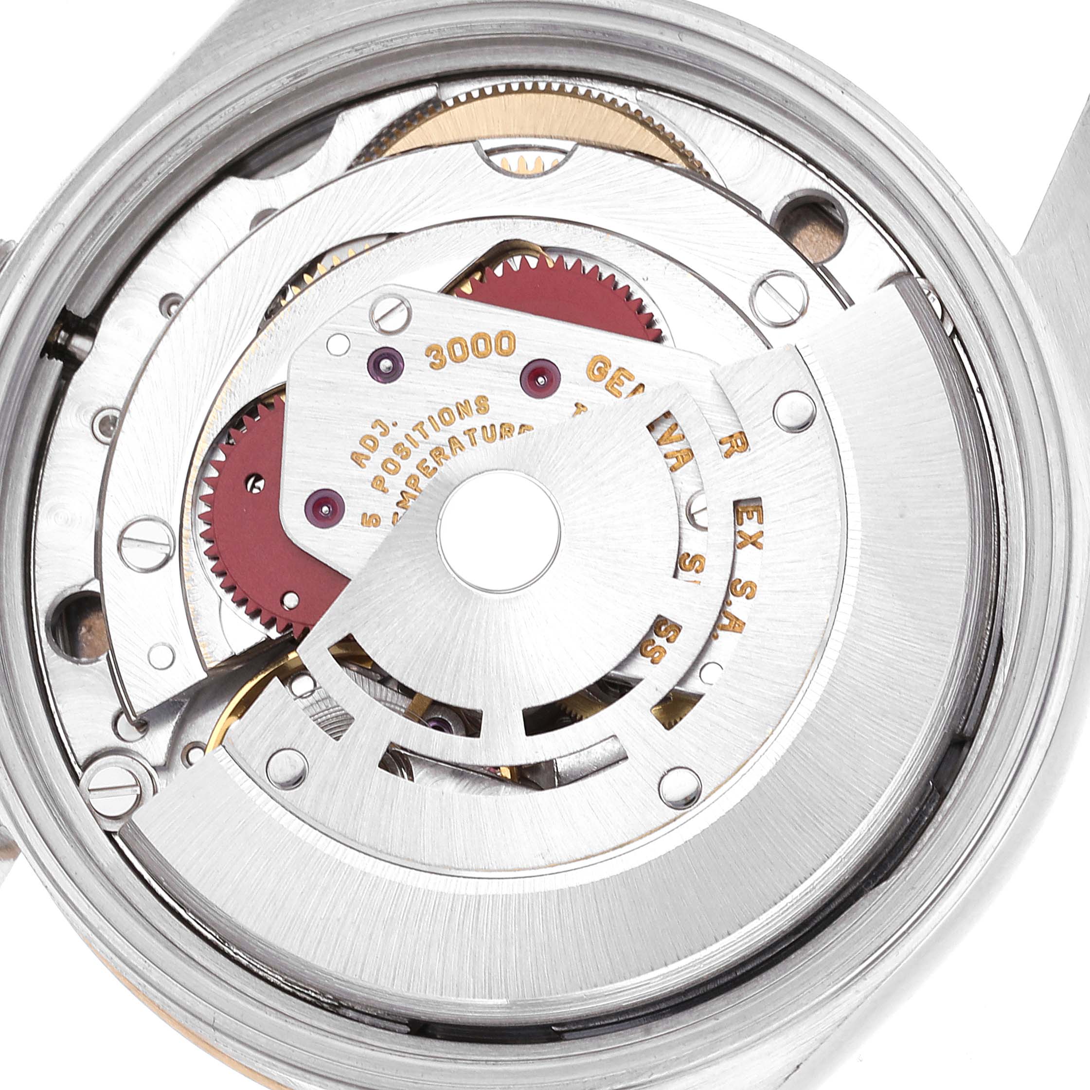 The image shows a close-up view of the movement mechanism of a Rolex Oyster Perpetual 14203 Men's Steel and Gold (two tone) Grey Dial 14203 Men's Steel and Gold (two tone) Grey Dial watch.