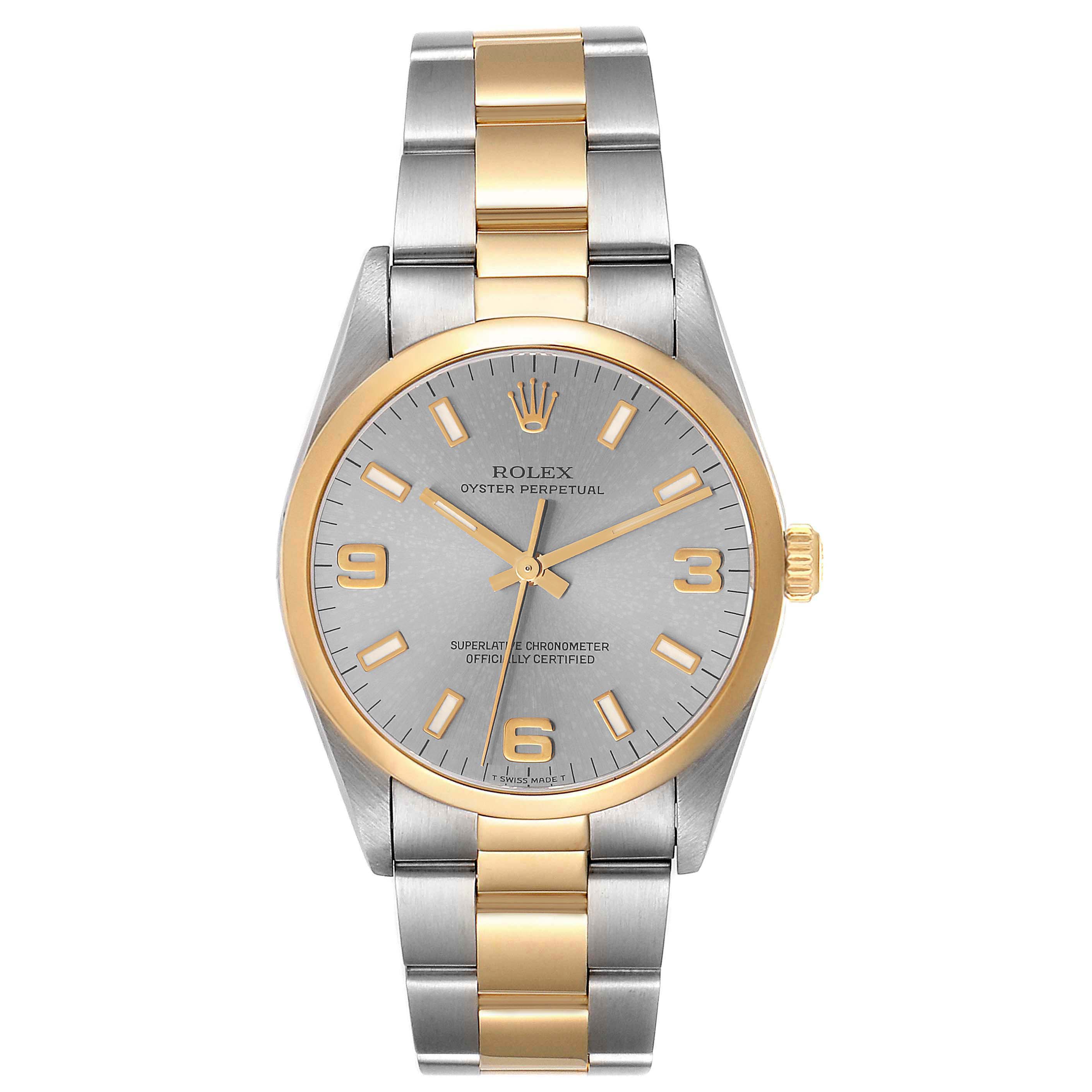 The image shows a Rolex Oyster Perpetual 14203 Men's Steel and Gold (two tone) Grey Dial 14203 Men's Steel and Gold (two tone) Grey Dial watch from a frontal angle, highlighting its bezel, dial, crown, and two-tone bracelet.