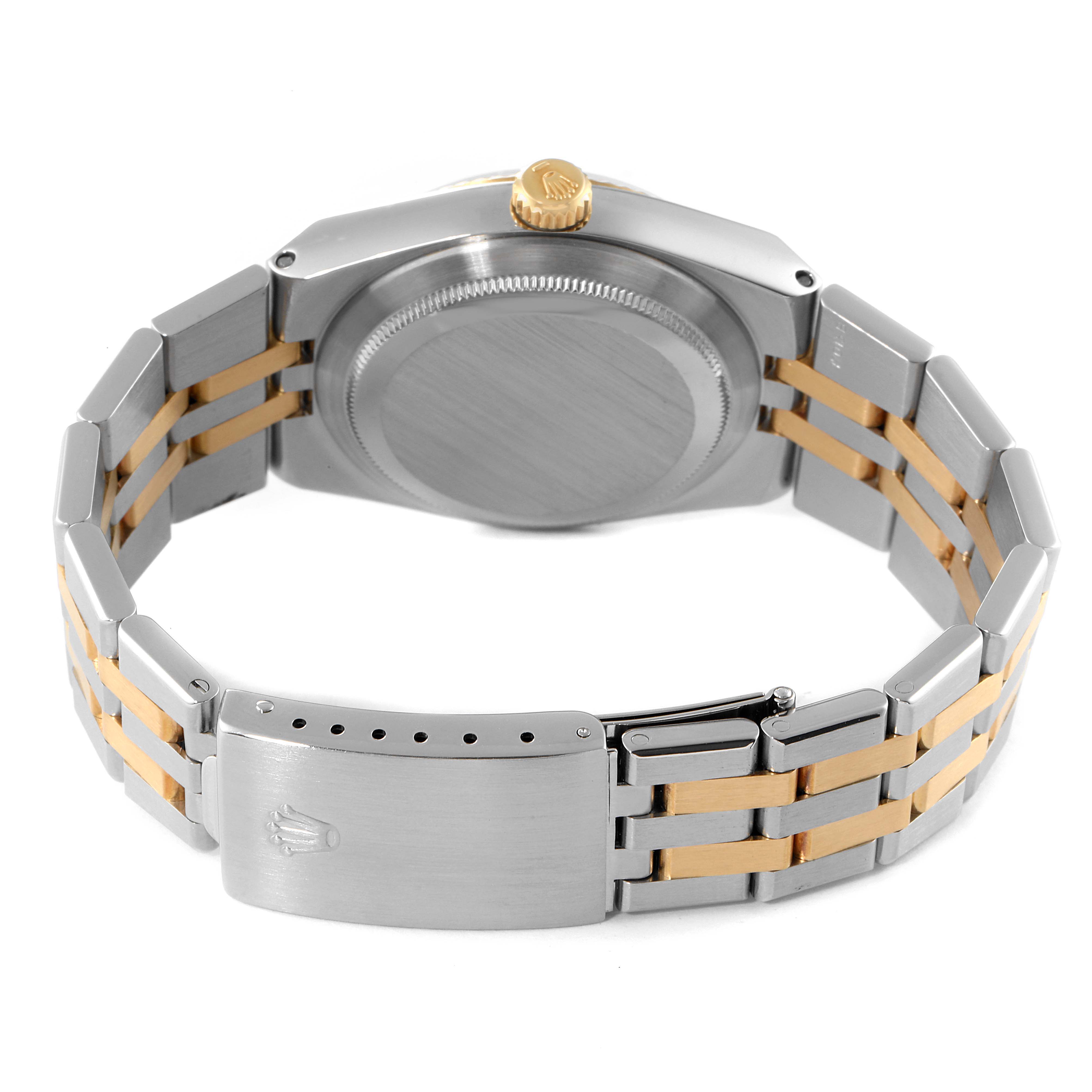 The image shows the back view of a Rolex Oysterquartz 17013 Men's Steel and Gold (two tone) Champagne Dial 17013 Men's Steel and Gold (two tone) Champagne Dial watch, highlighting the bracelet, clasp, case back, and crown.