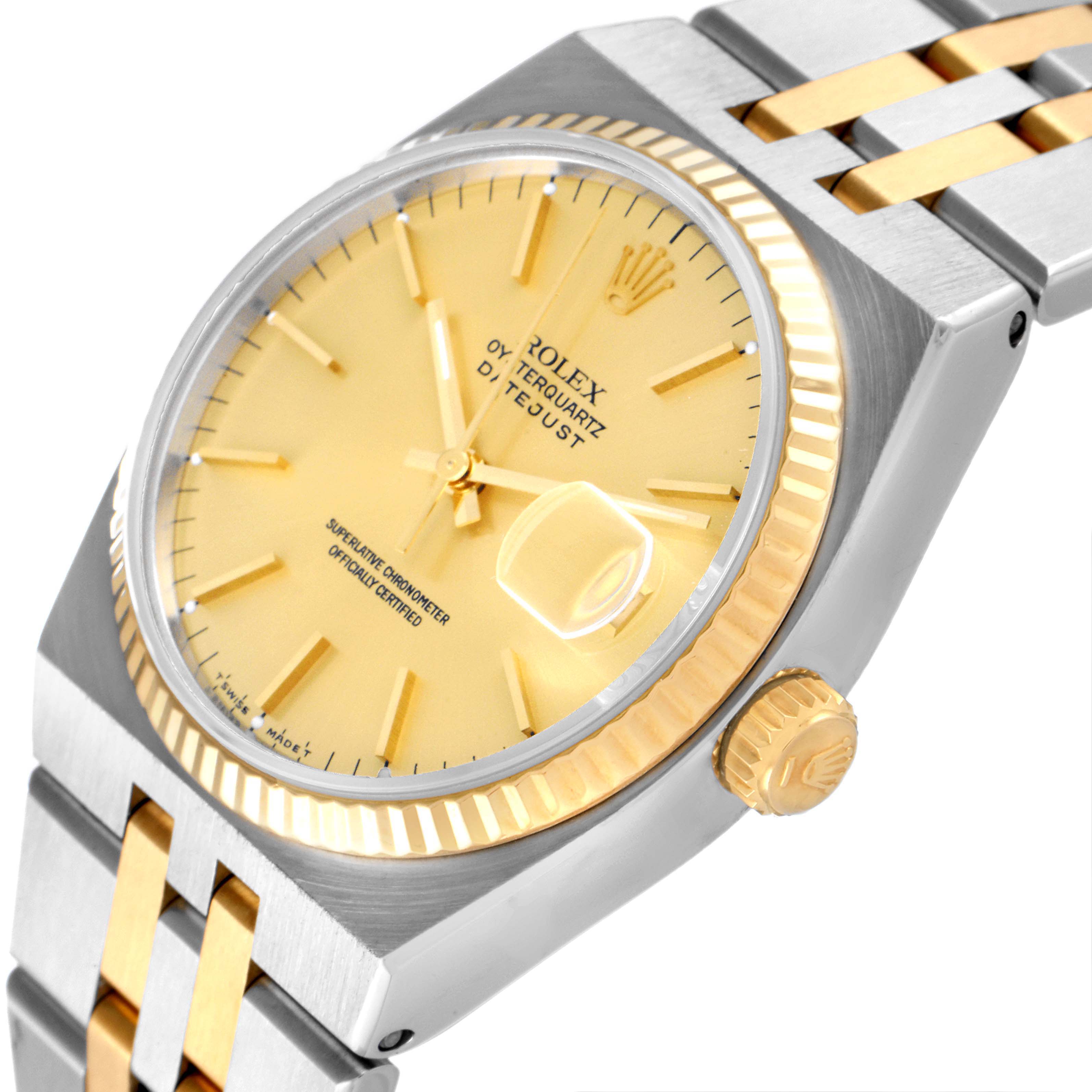 The image shows a close-up view of a Rolex Oysterquartz 17013 Men's Steel and Gold (two tone) Champagne Dial 17013 Men's Steel and Gold (two tone) Champagne Dial watch featuring its face, crown, and part of the bracelet.