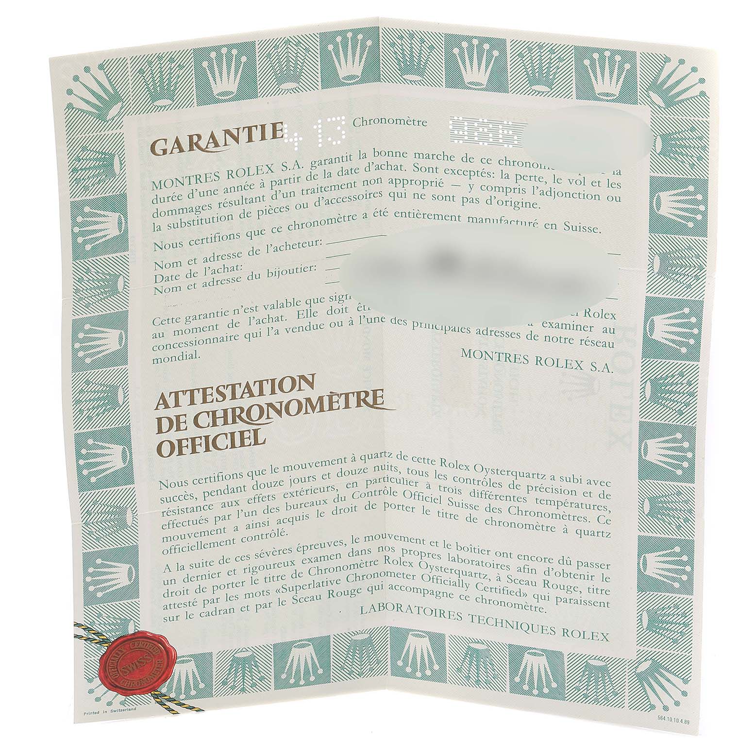 The image shows a warranty certificate for a Rolex Oysterquartz 17013 Men's Steel and Gold (two tone) Champagne Dial 17013 Men's Steel and Gold (two tone) Champagne Dial watch, featuring its official chronometer certification.